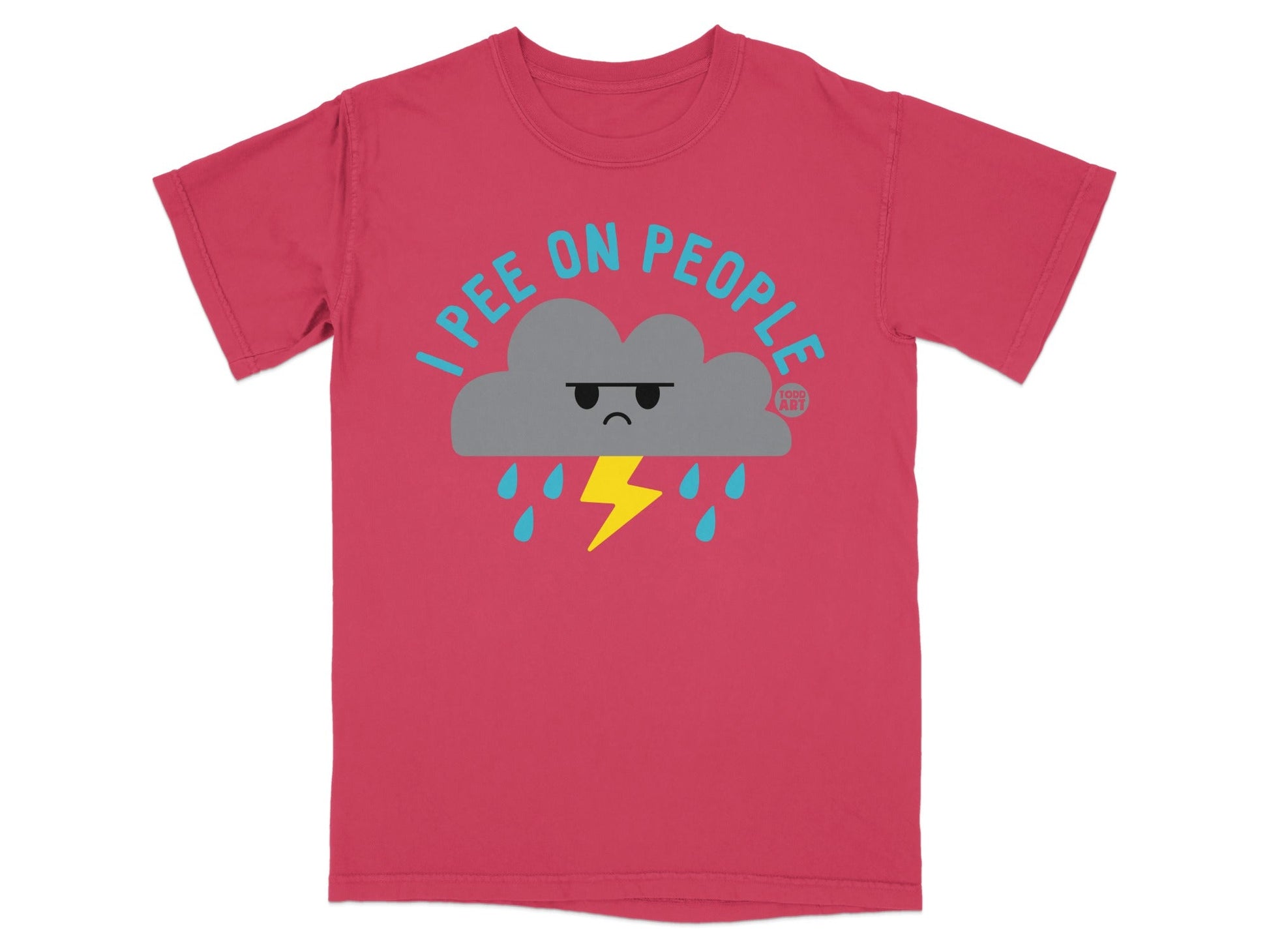 T-shirt with a grumpy cloud and lightning bolt graphic, saying "I pee on people."
