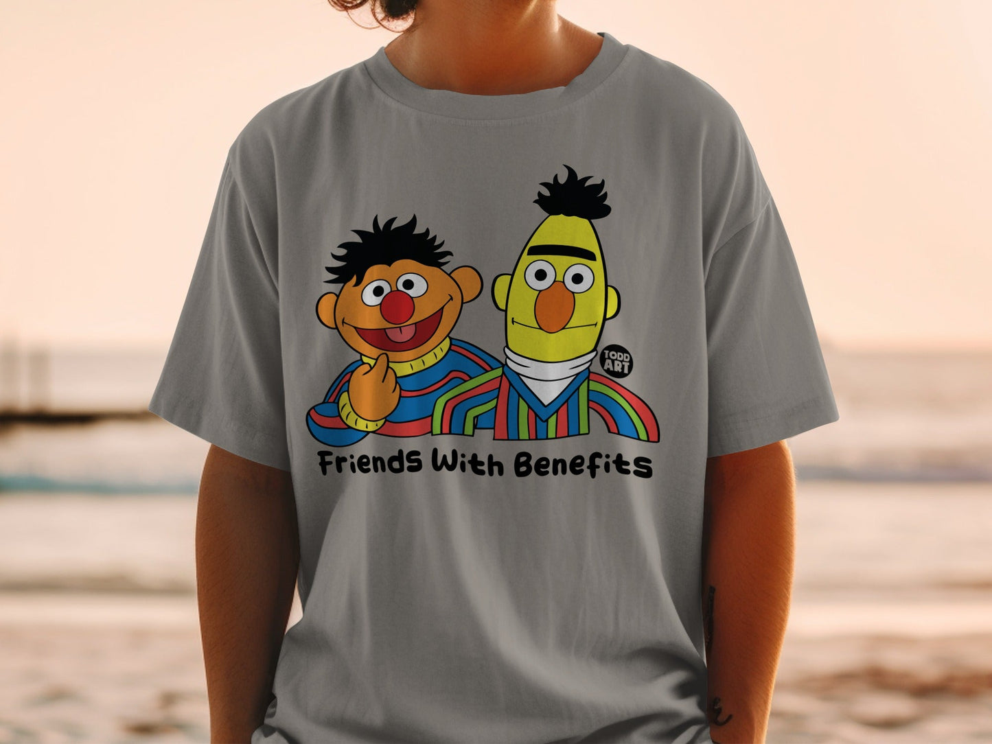 Bert and Ernie from Sesame Street on a grey t-shirt, "Friends With Benefits".