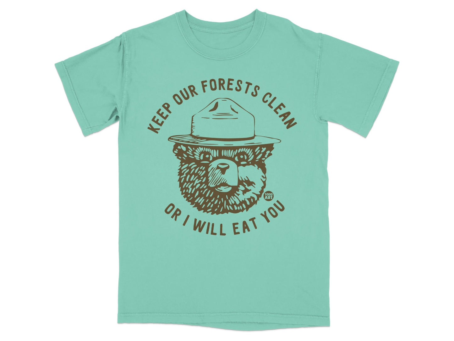 Teal t-shirt with Smokey Bear graphic and text "Keep Our Forests Clean or I Will Eat You".