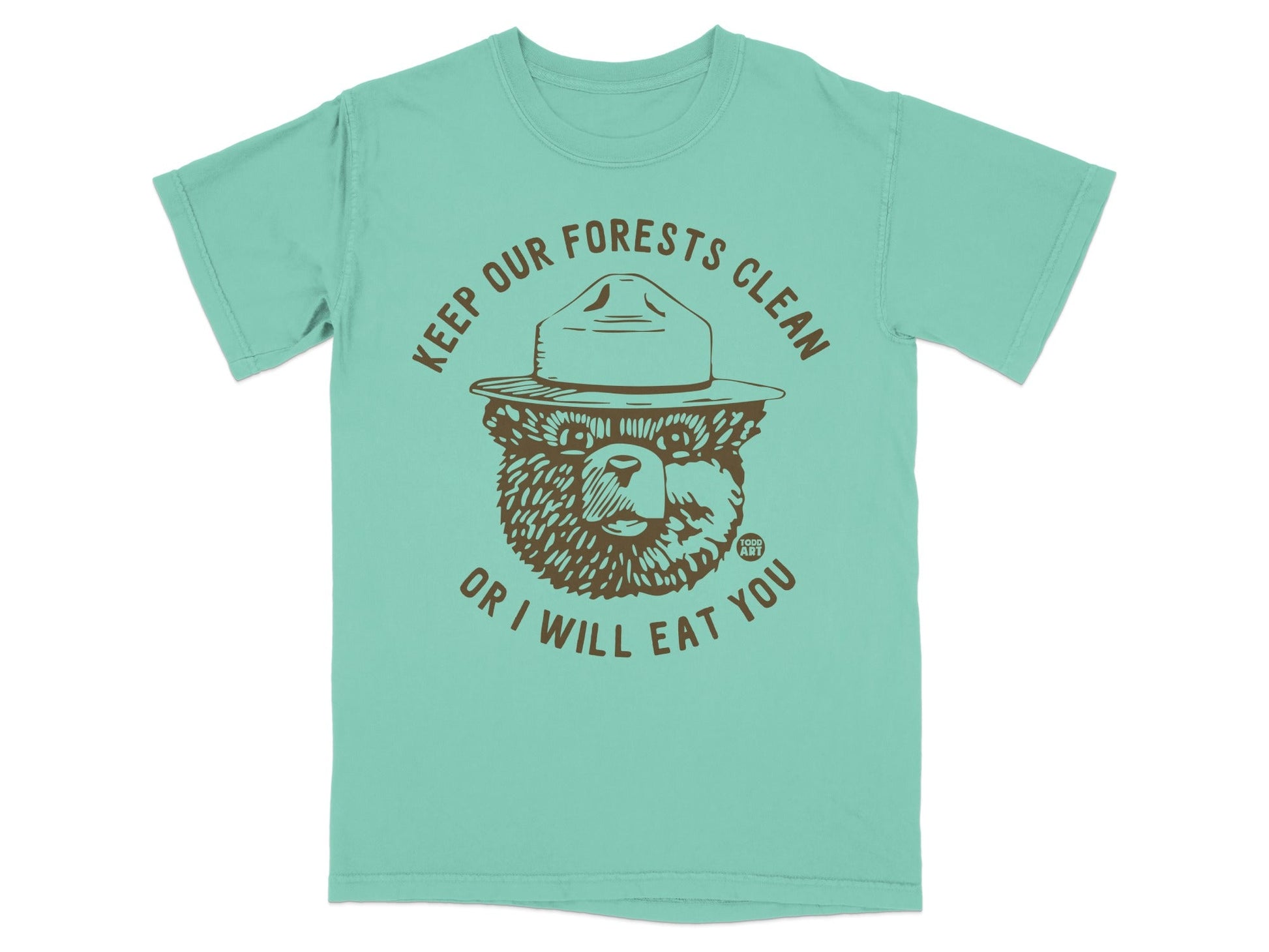 Teal t-shirt with Smokey Bear graphic and text "Keep Our Forests Clean or I Will Eat You".