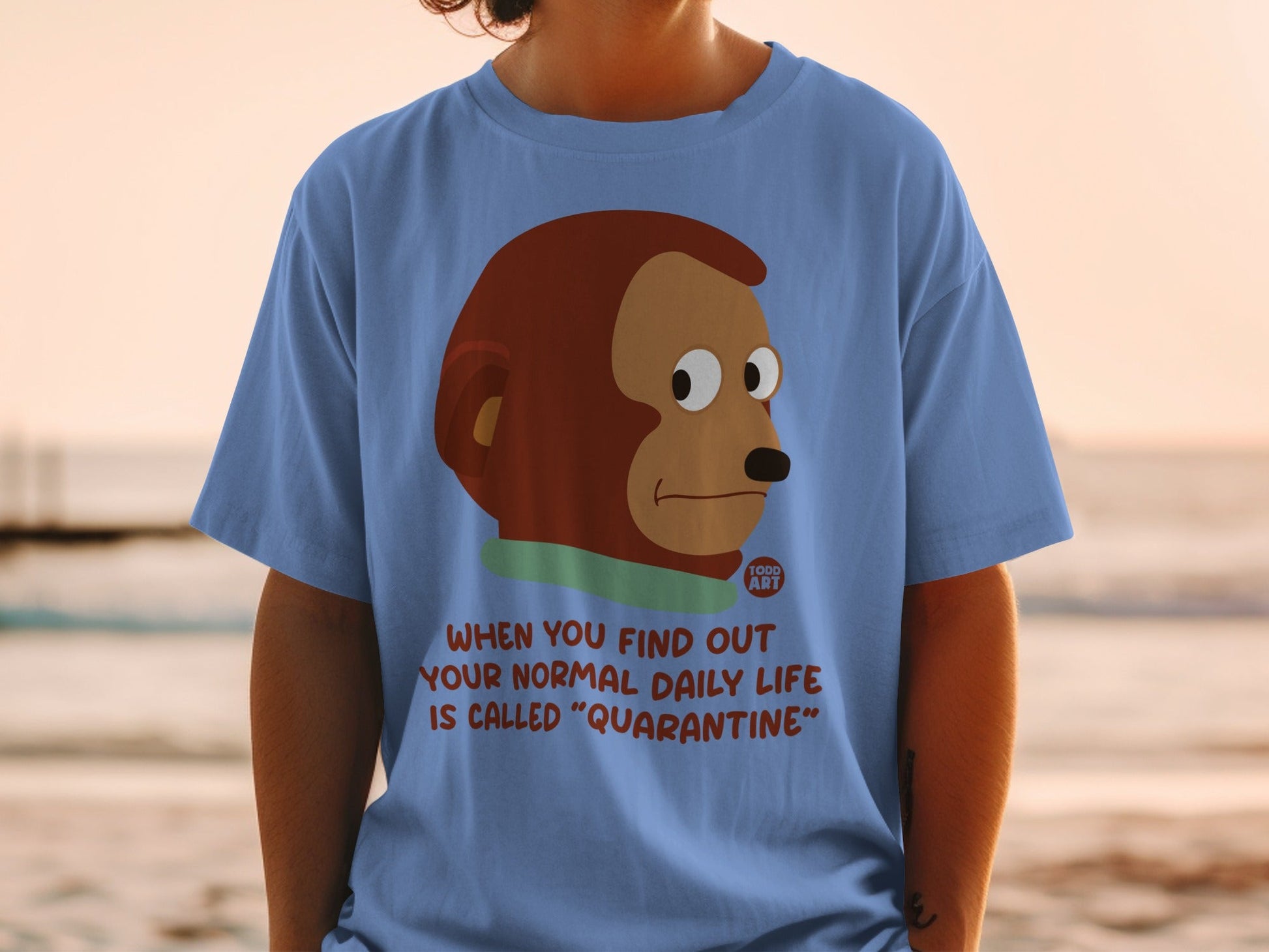 Blue t-shirt with monkey meme and "Quarantine" text.