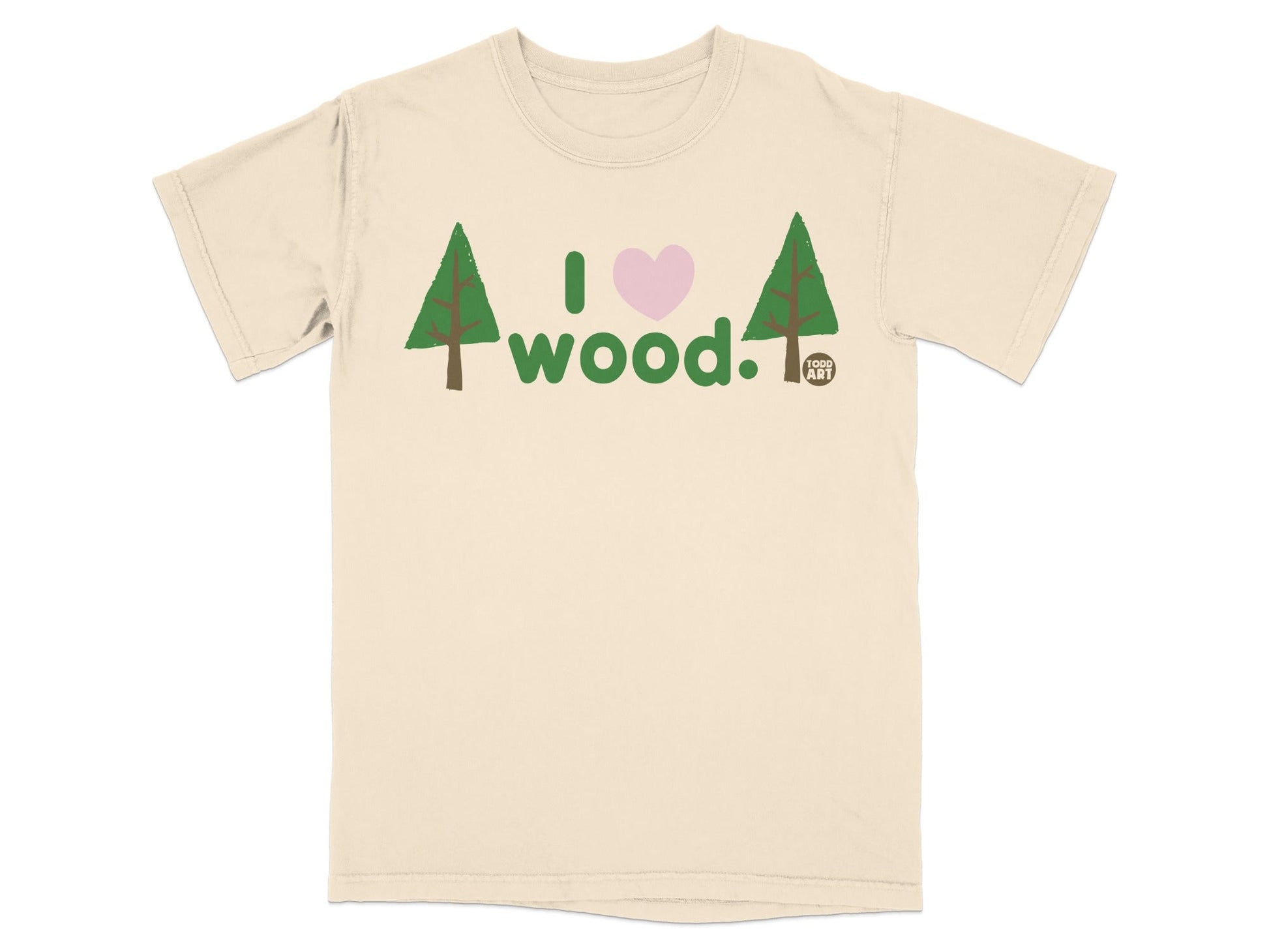 Cream t-shirt with "I ‚ù§Ô∏è wood." graphic featuring trees and a heart.