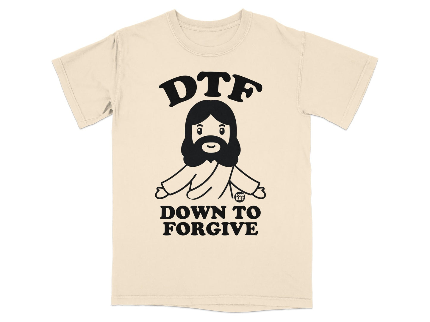 Cream t-shirt with "DTF DOWN TO FORGIVE" and cartoon Jesus graphic.