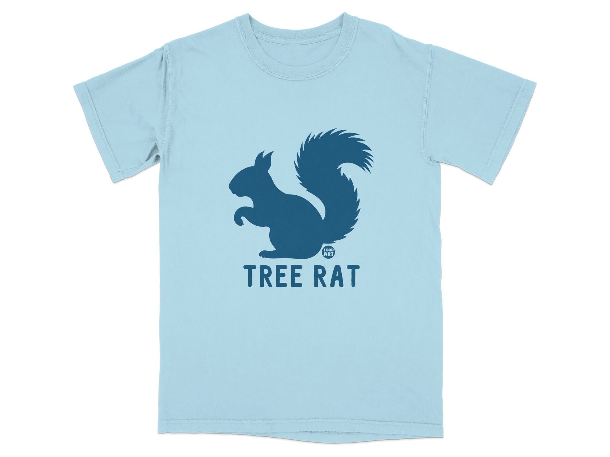 Light blue t-shirt with a dark blue squirrel silhouette and "TREE RAT" text.