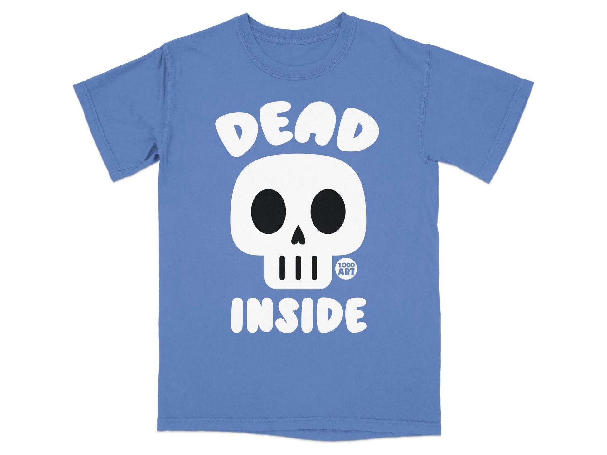 Blue t-shirt with a white skull and "DEAD INSIDE" text.