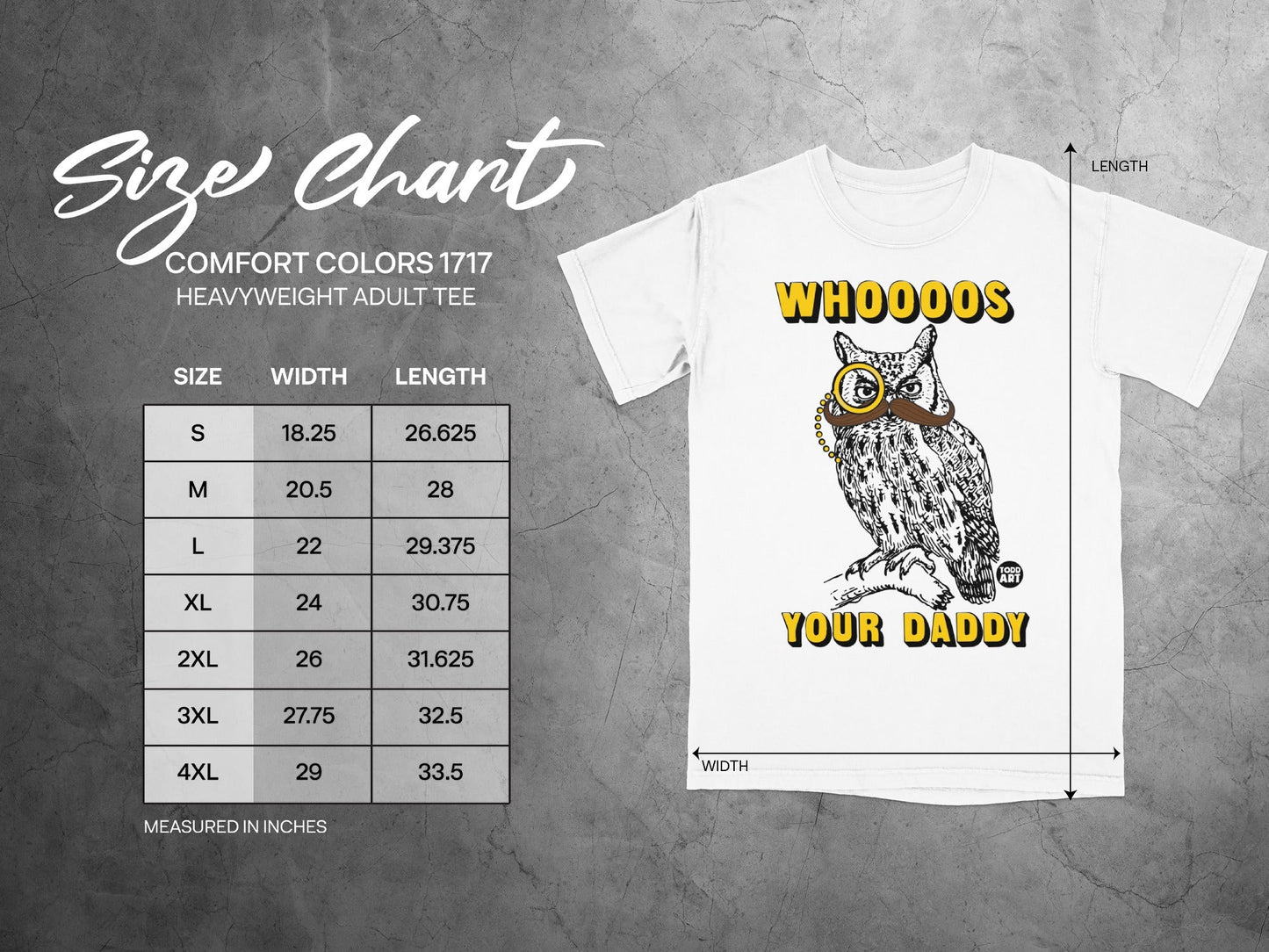 Comfort Colors 1717 adult t-shirt size chart with owl graphic.
