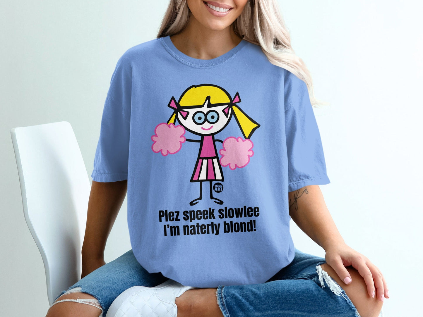 Cartoon Cheerleader Pleez Speek Slowlee Graphic Tee