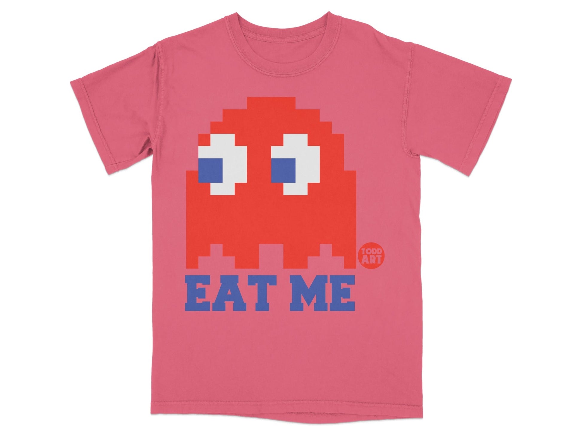 Pink t-shirt with pixelated red Pac-Man ghost and "EAT ME" text.