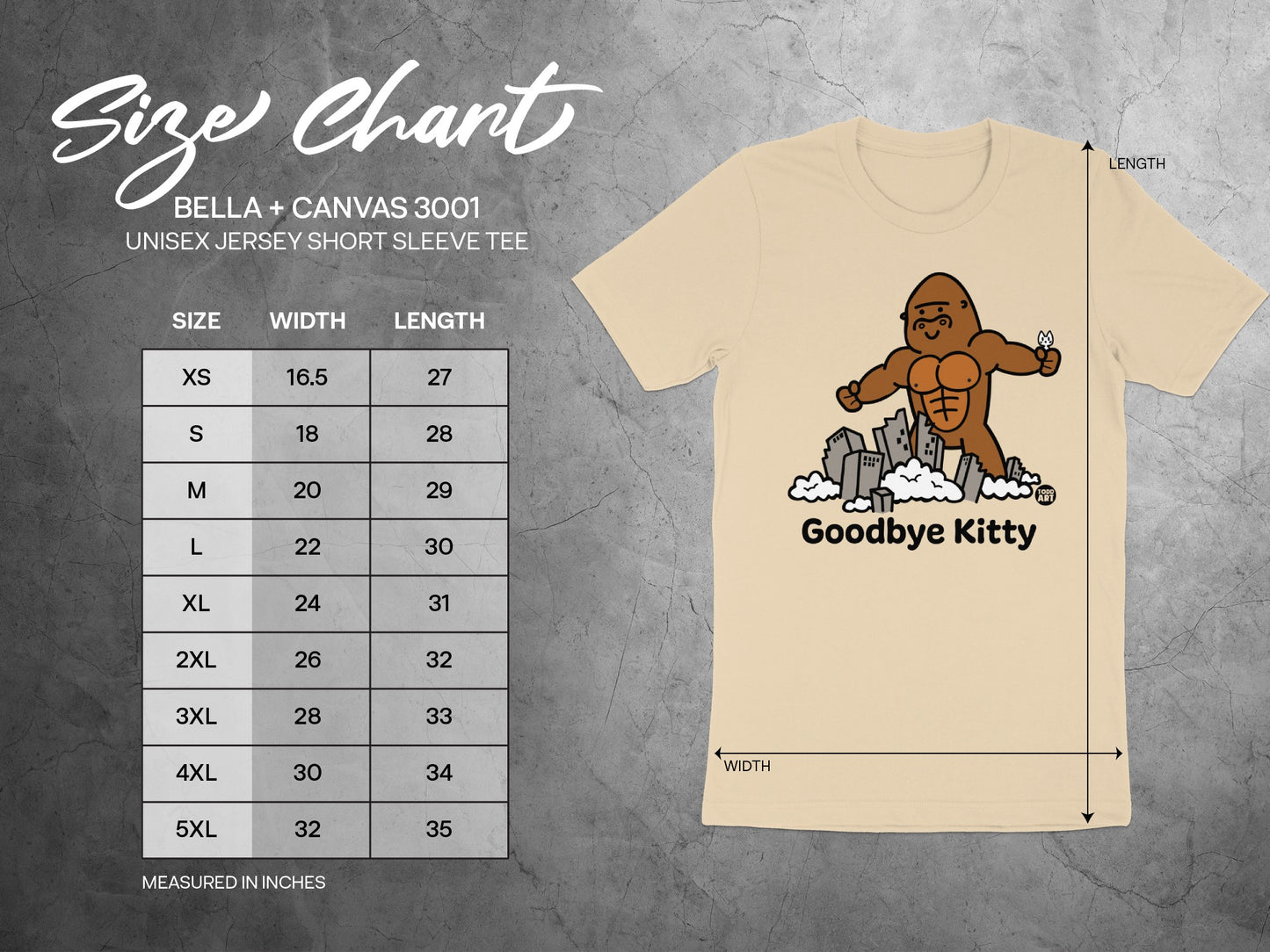 Goodbye Kitty Funny Graphic Tee Size Chart