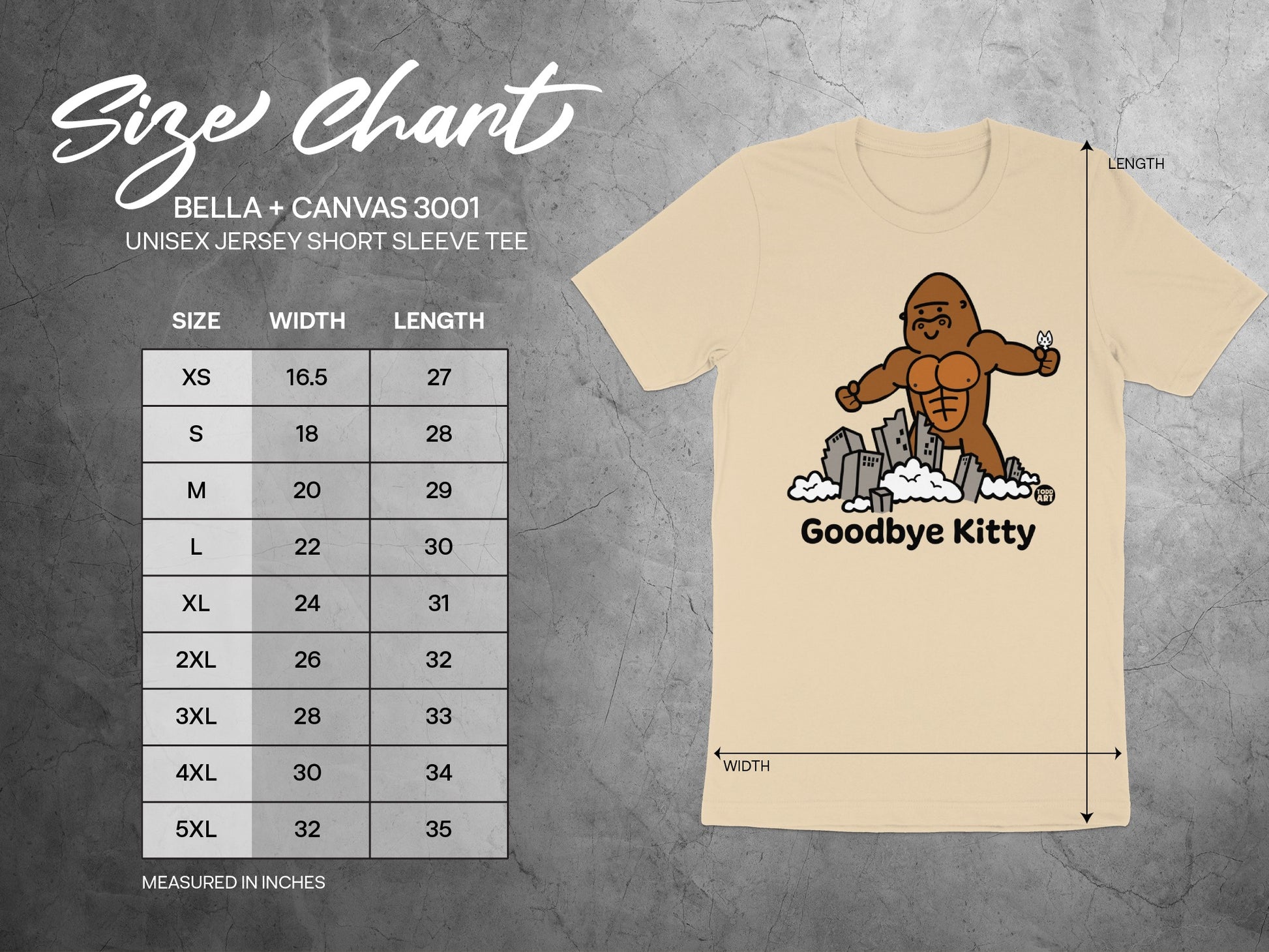Goodbye Kitty Funny Graphic Tee Size Chart
