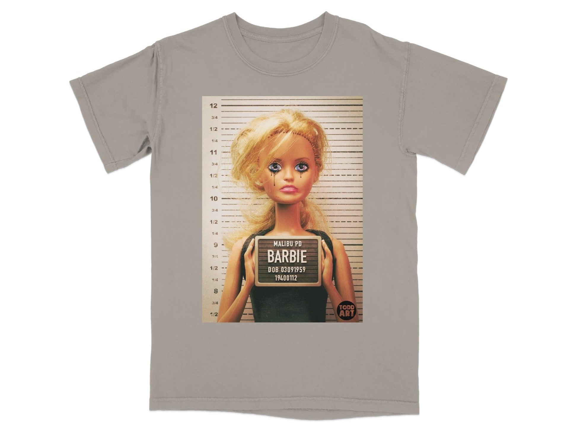 Barbie mugshot with "Malibu PD Barbie" and DOB text.