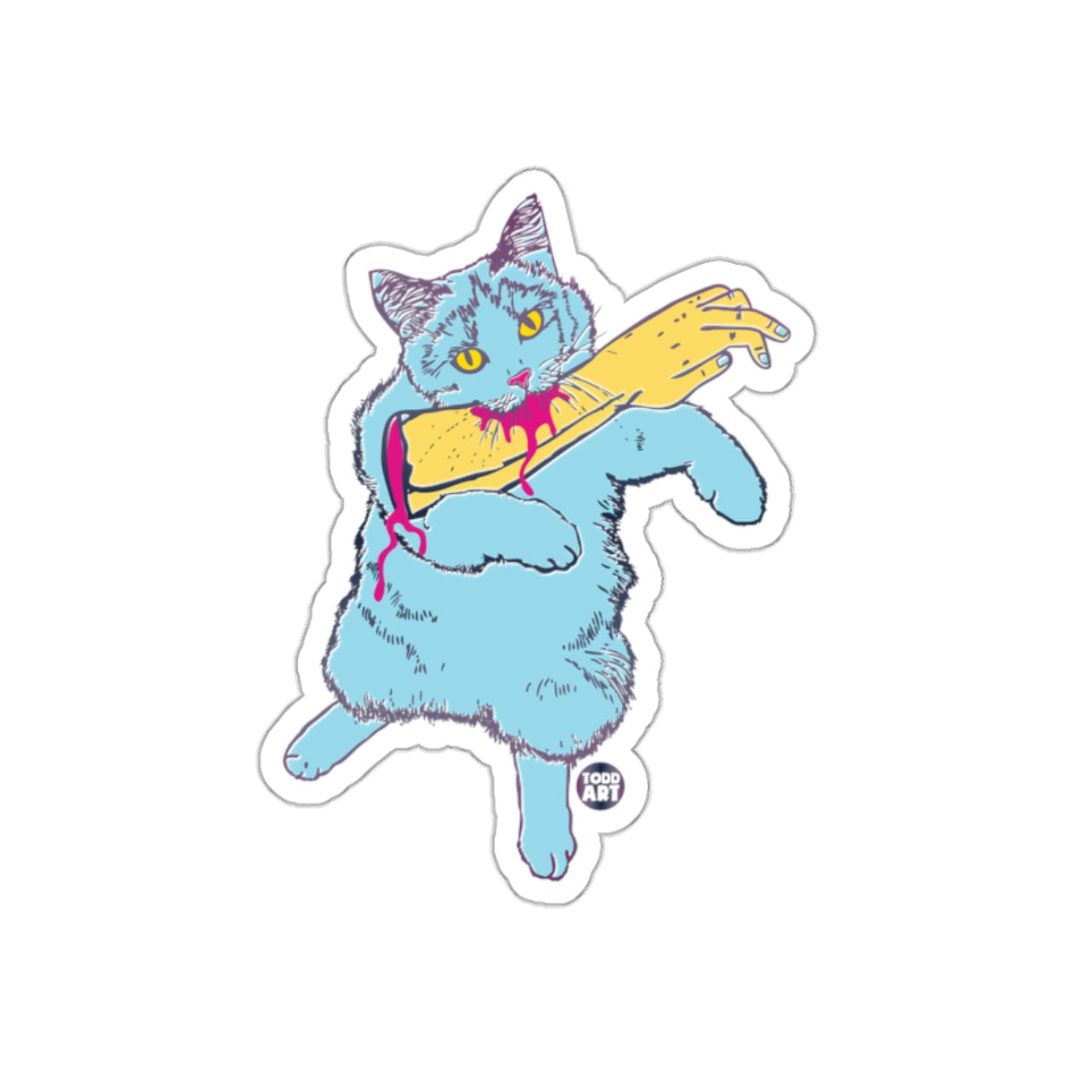 Blue Cat Biting Zombie Arm Sticker Fun Art Sticker
