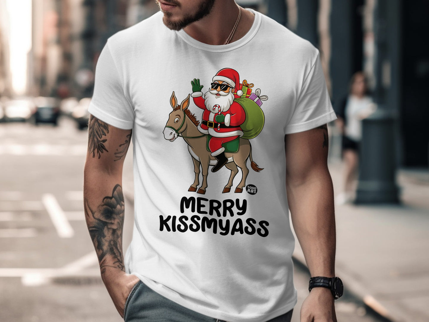 Funny Santa Riding Donkey Christmas Graphic T-shirt