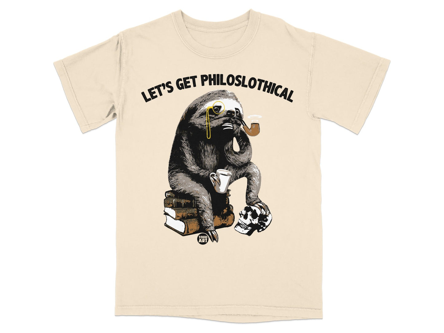 Sloth wearing monocle and smoking pipe, sitting on books with skull.