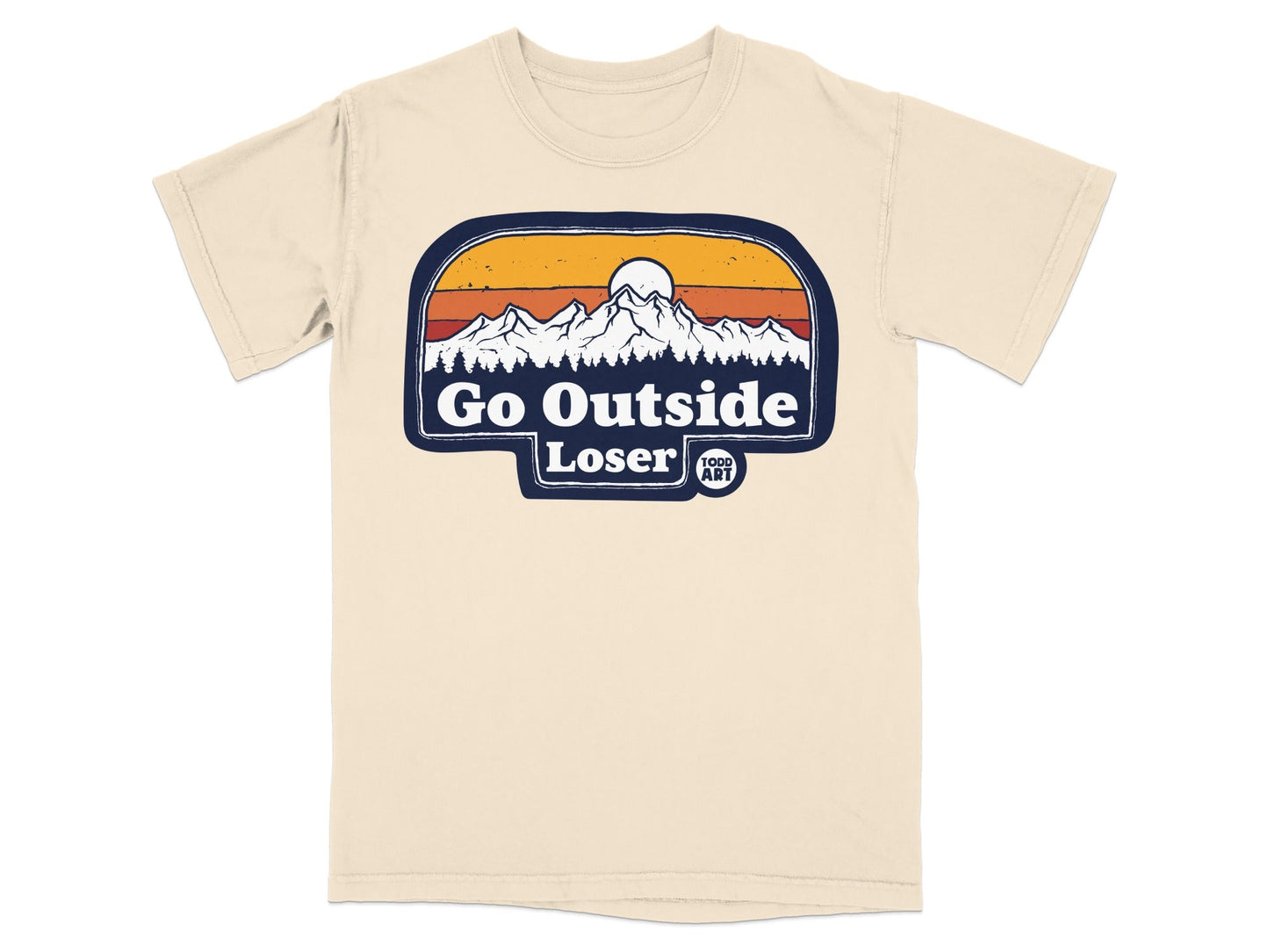 T-shirt with "Go Outside Loser" and mountain sunset design.