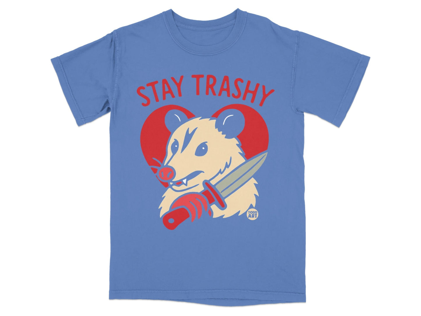 Blue t-shirt with red heart graphic and opossum holding a knife.