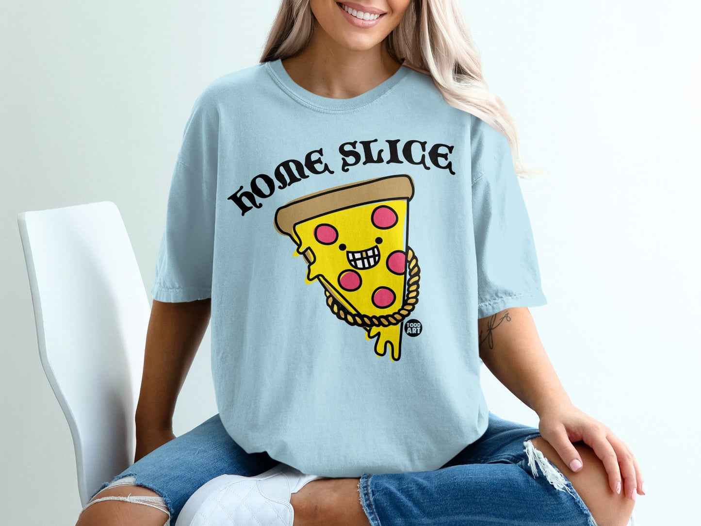 Light blue t-shirt with cartoon pizza slice and "HOME SLICE" text.