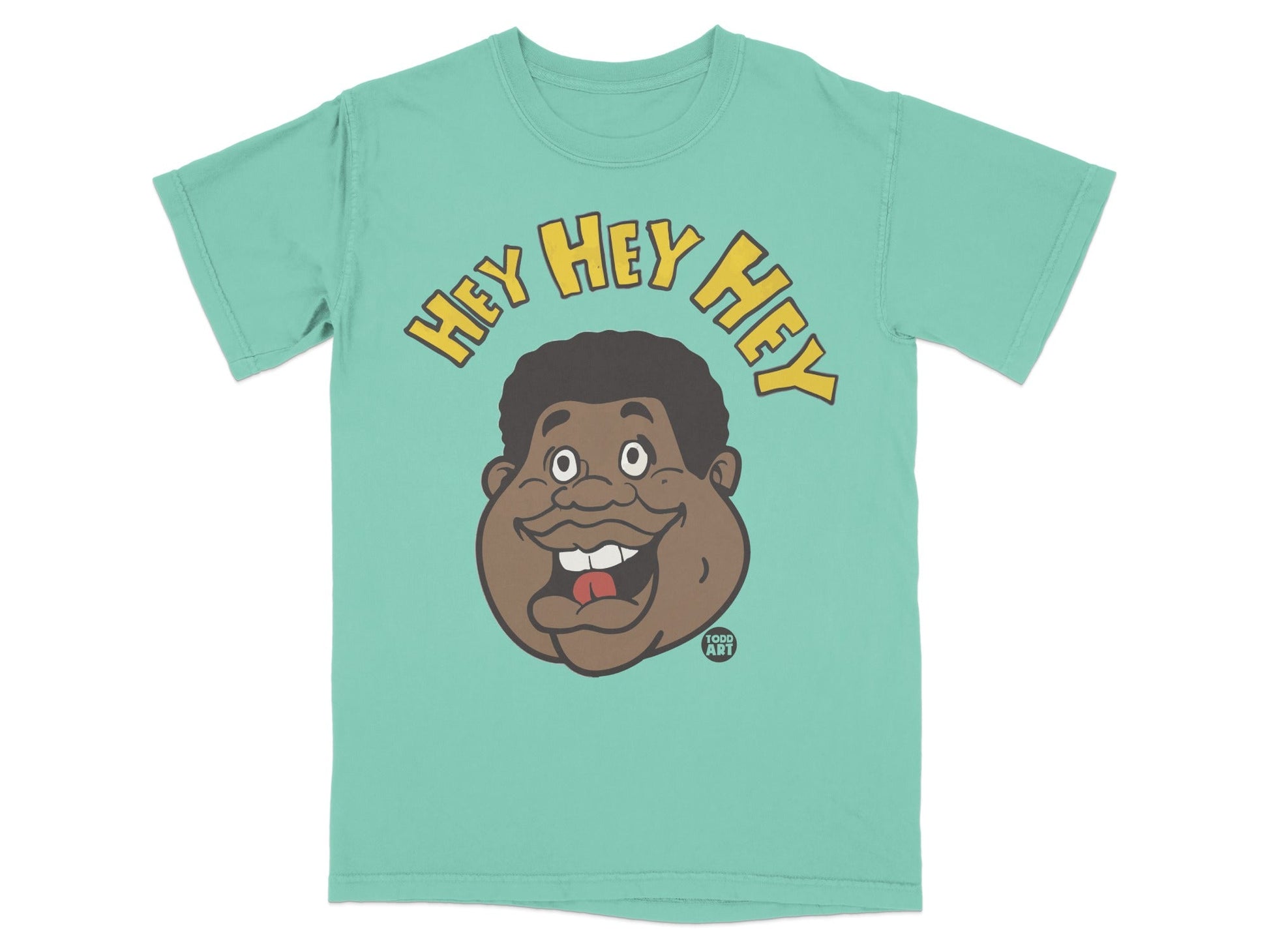 Teal t-shirt with cartoon face and "HEY HEY HEY" text.