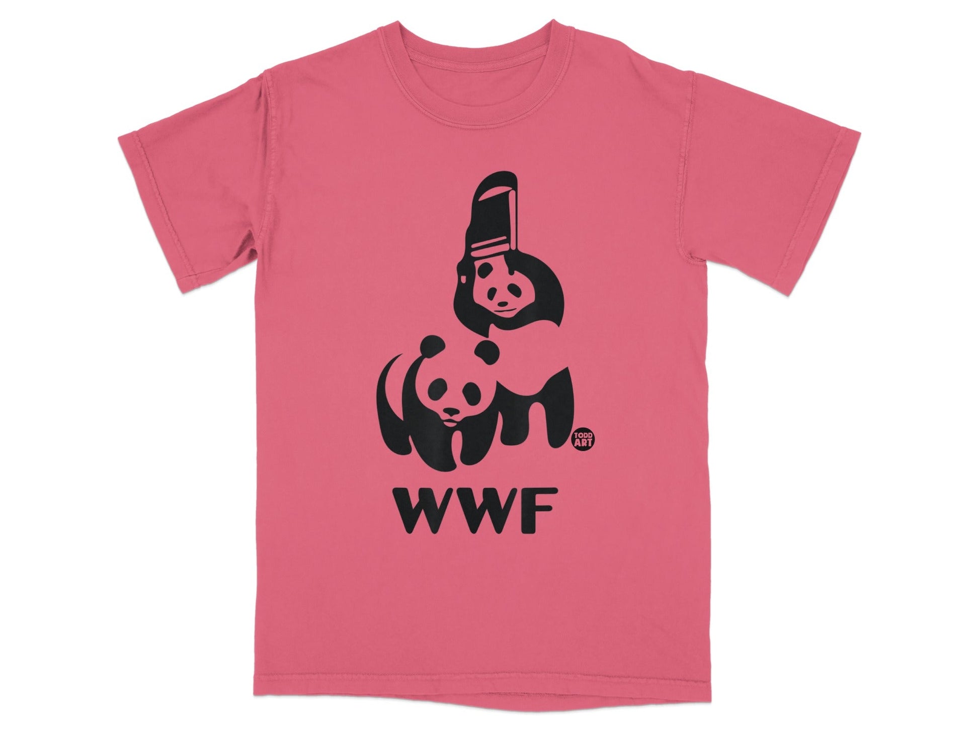 Pink t-shirt with black WWF panda logo and "FOGO ART" circular emblem.