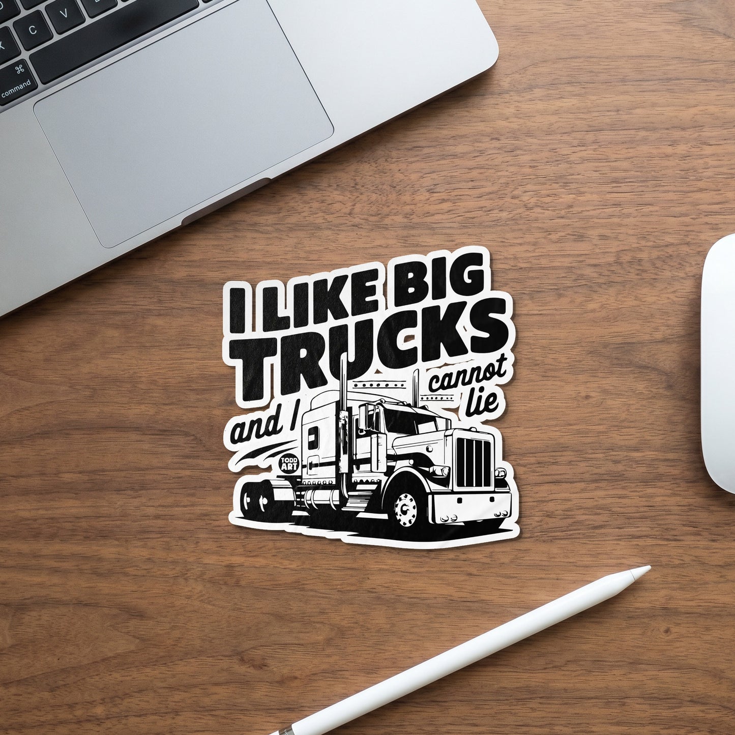 Sticker with "I LIKE BIG TRUCKS and I cannot lie" and a semi-truck graphic.