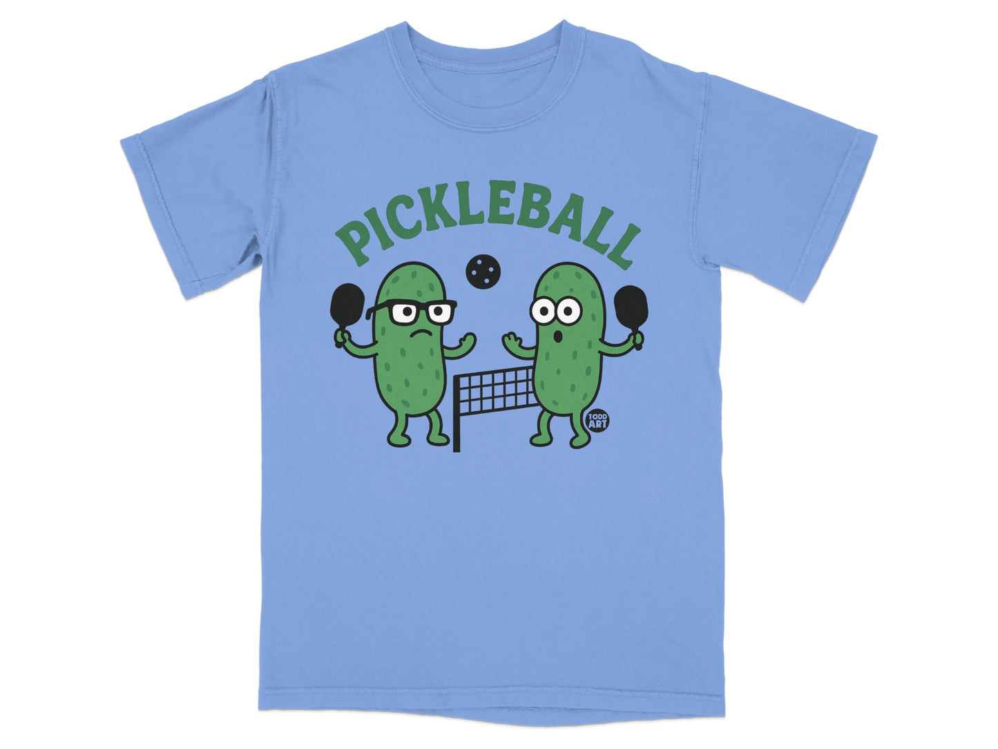 Two cartoon pickles playing pickleball on a blue t-shirt.