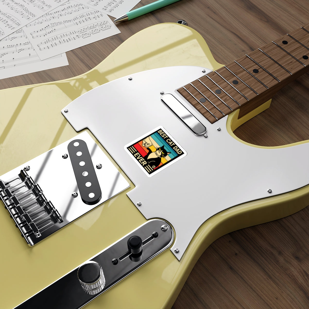 Best Cat Dad Ever Sticker on Electric Guitar
