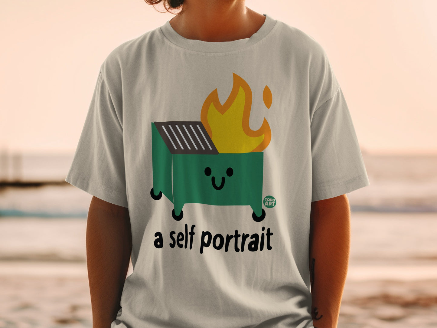 Green Dumpster Fire Smiling a self portrait Todd Art product type
