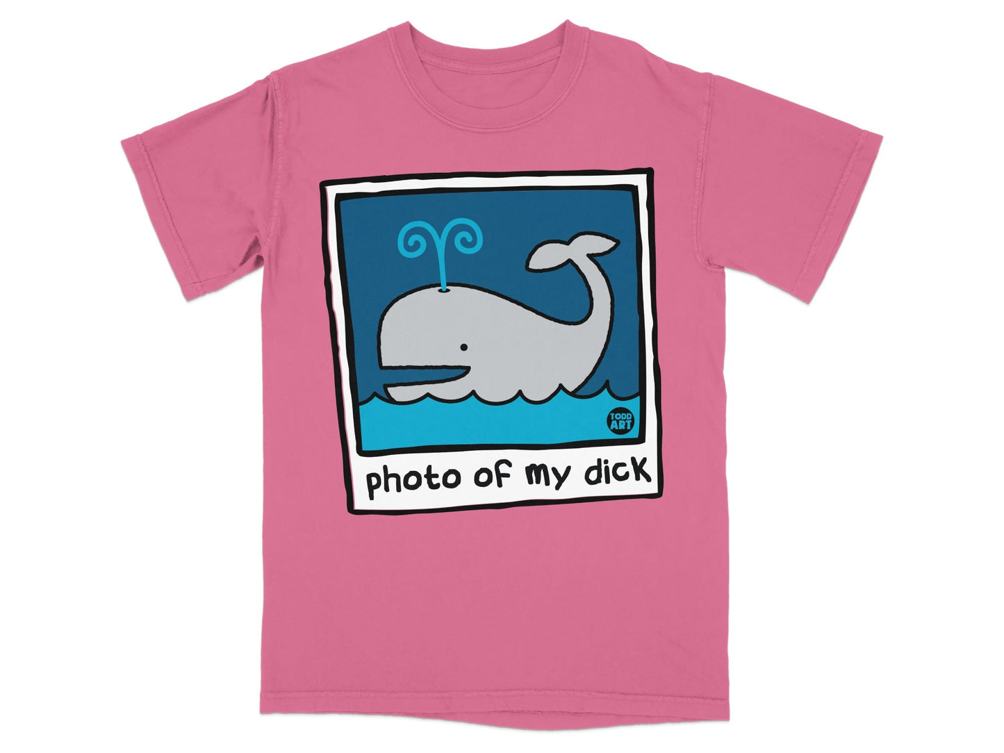 Pink t-shirt with a cartoon whale and text "photo of my dick".