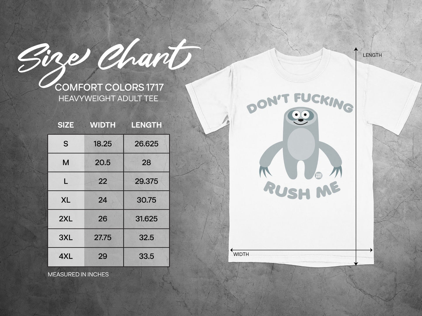 Size chart for Comfort Colors 1717 heavyweight adult tee with cartoon sloth.