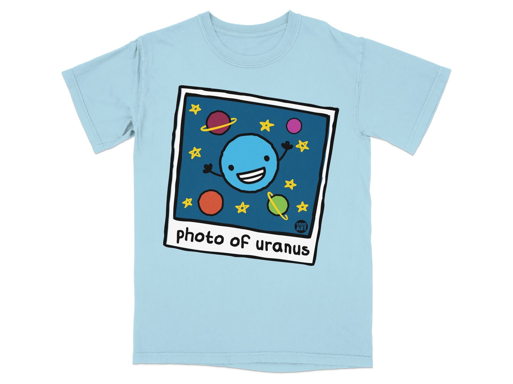 Cartoon blue planet with stars, text "photo of uranus".