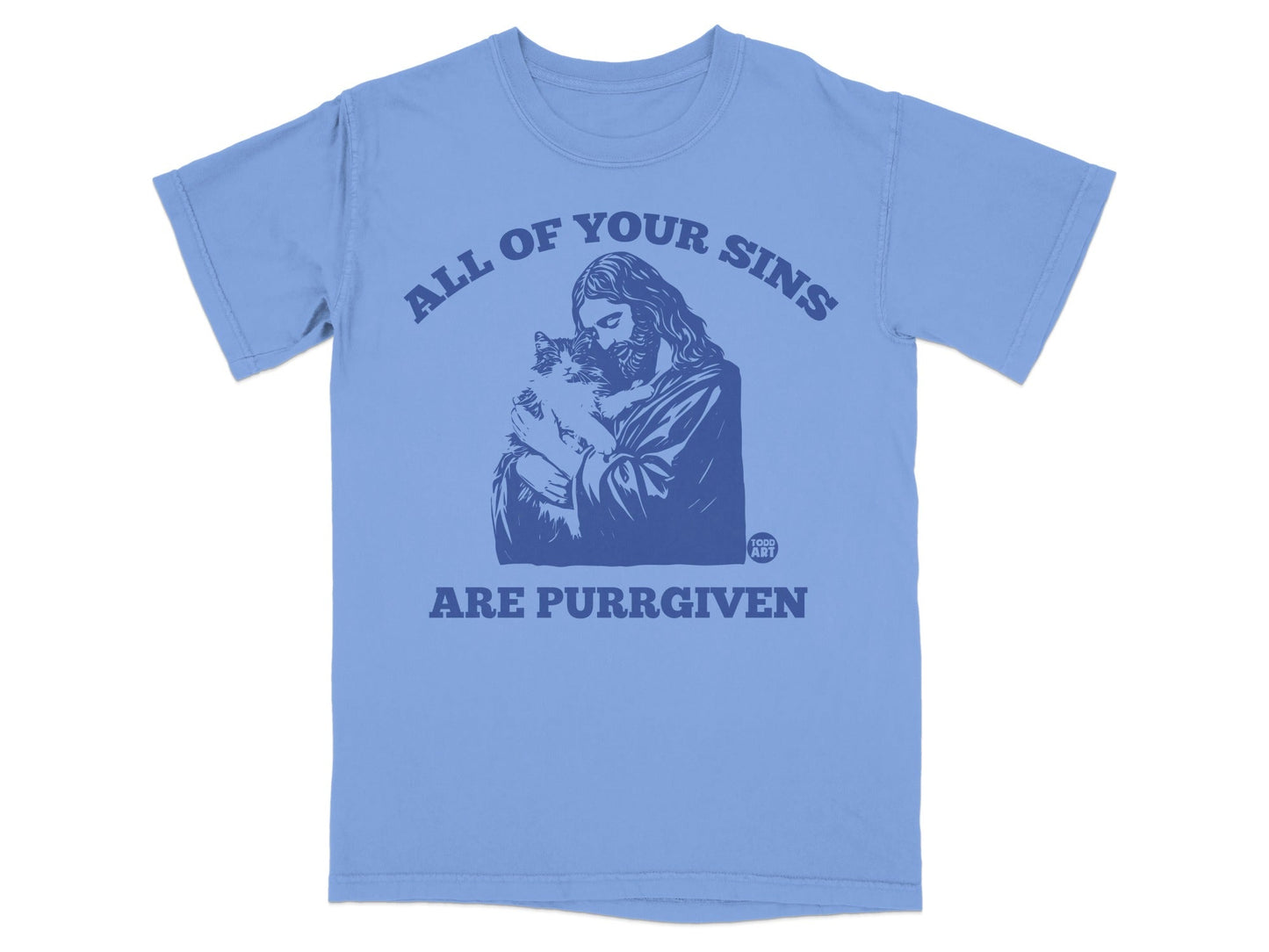 Blue t-shirt with Jesus holding a cat, text "All of your sins are purr-given".
