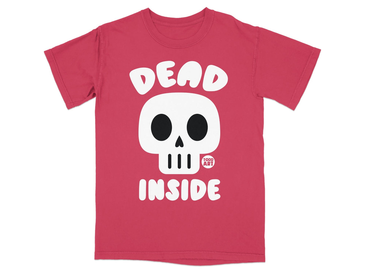 Pink t-shirt with a skull and "DEAD INSIDE" text.