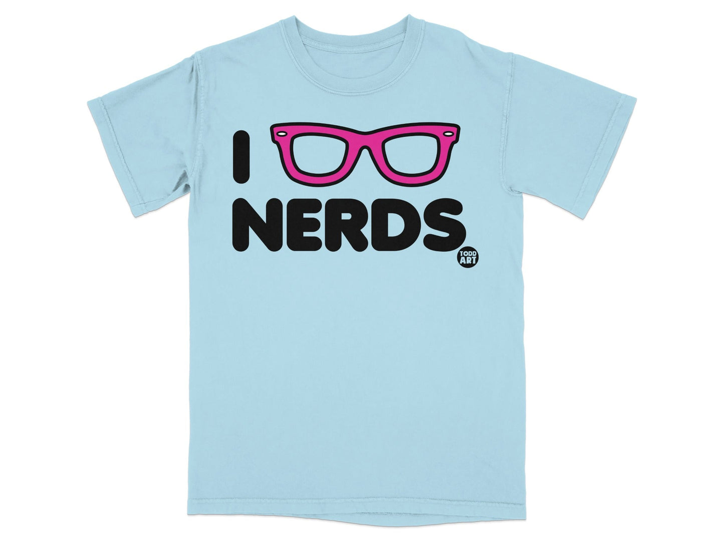 Light blue t-shirt with pink glasses and "I love nerds" text.