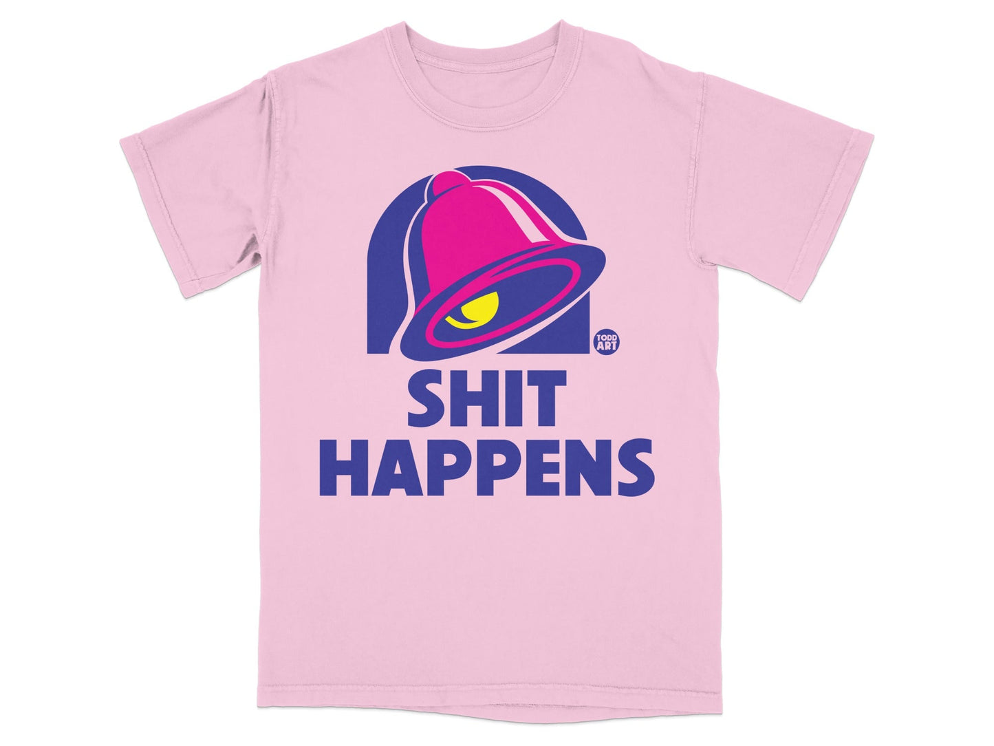 Pink t-shirt with purple and yellow bell logo and "SHIT HAPPENS" text.