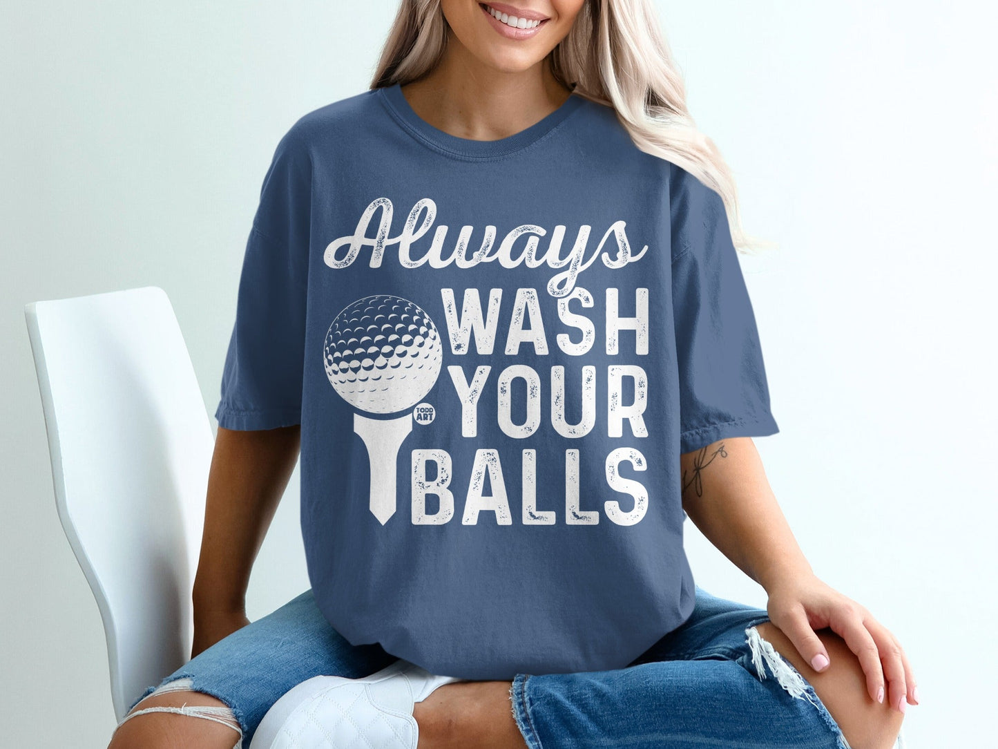 Blue t-shirt with "Always Wash Your Balls" and golf ball text.