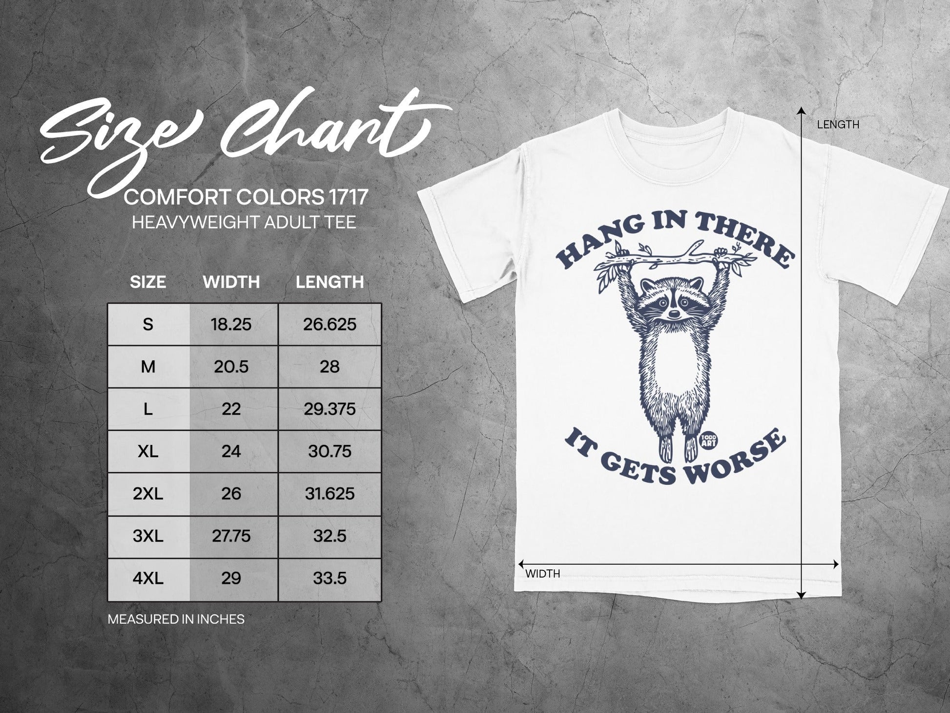 Comfort Colors 1717 adult tee size chart with raccoon graphic.