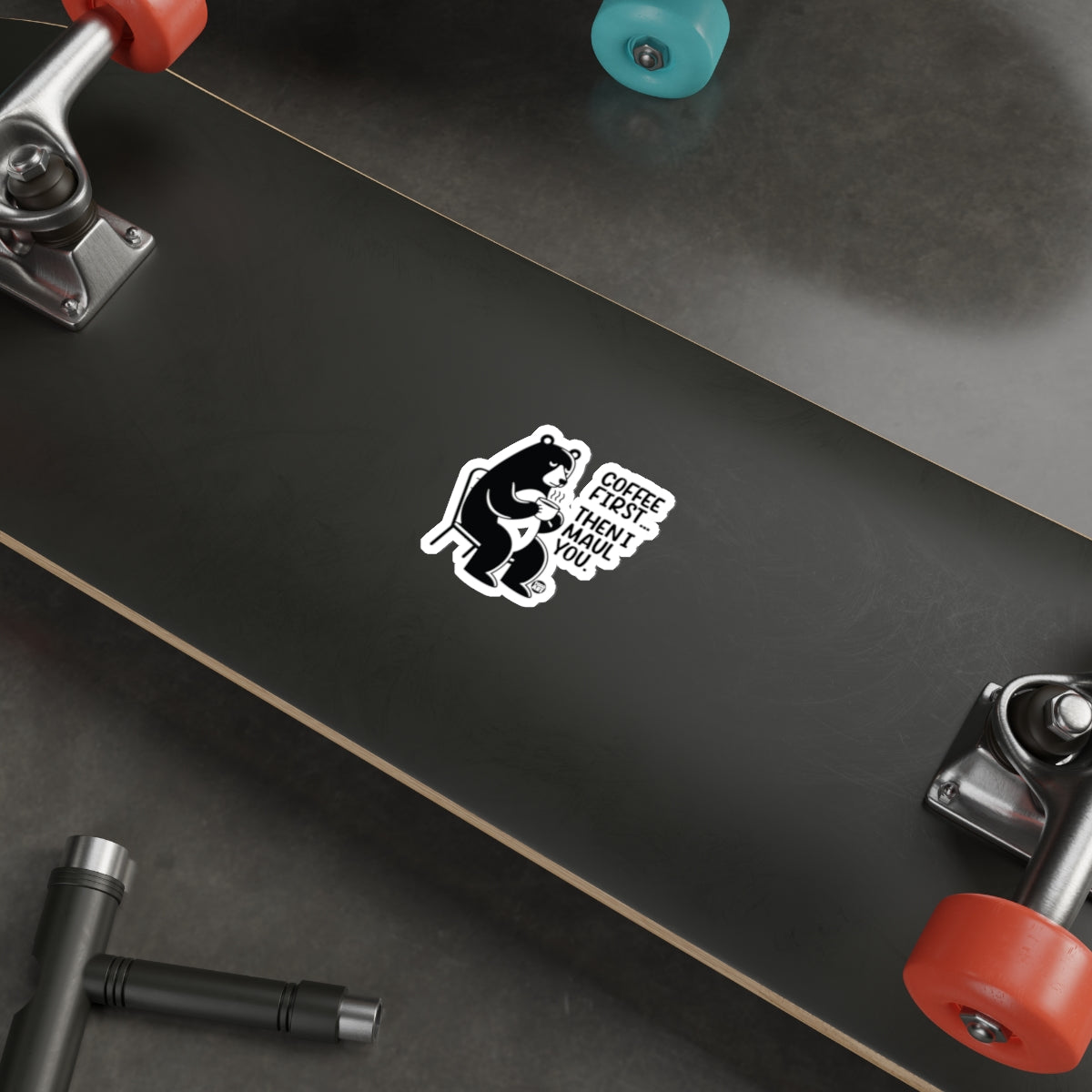Coffee First I Heart You Bear Sticker Skateboard Deck