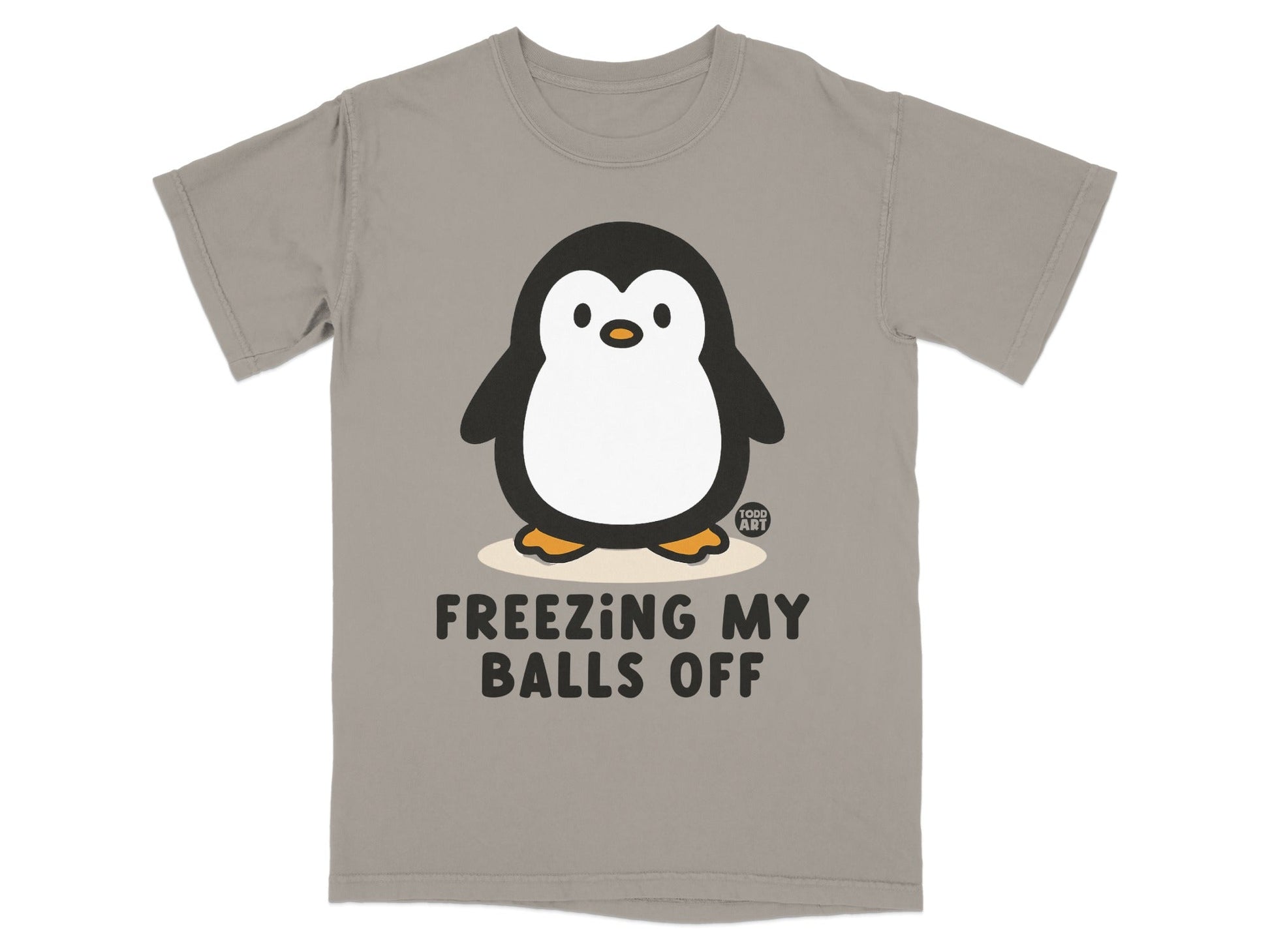Grey t-shirt with cartoon penguin and text "FREEZING MY BALLS OFF".