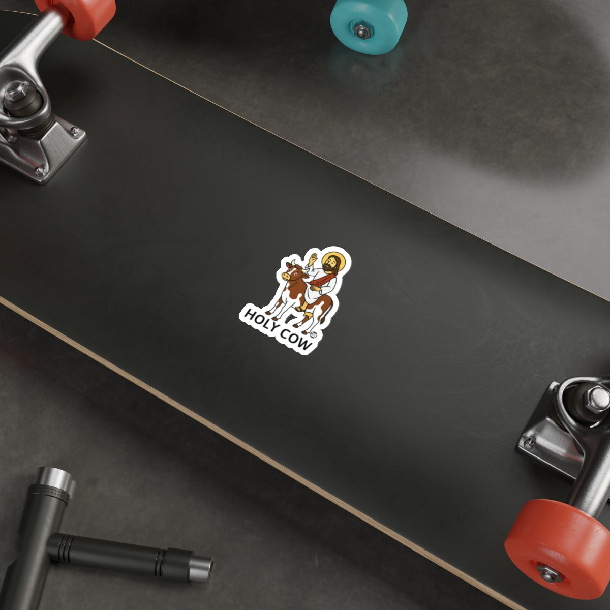Holy Cow Sticker on Skateboard Custom Design Sticker