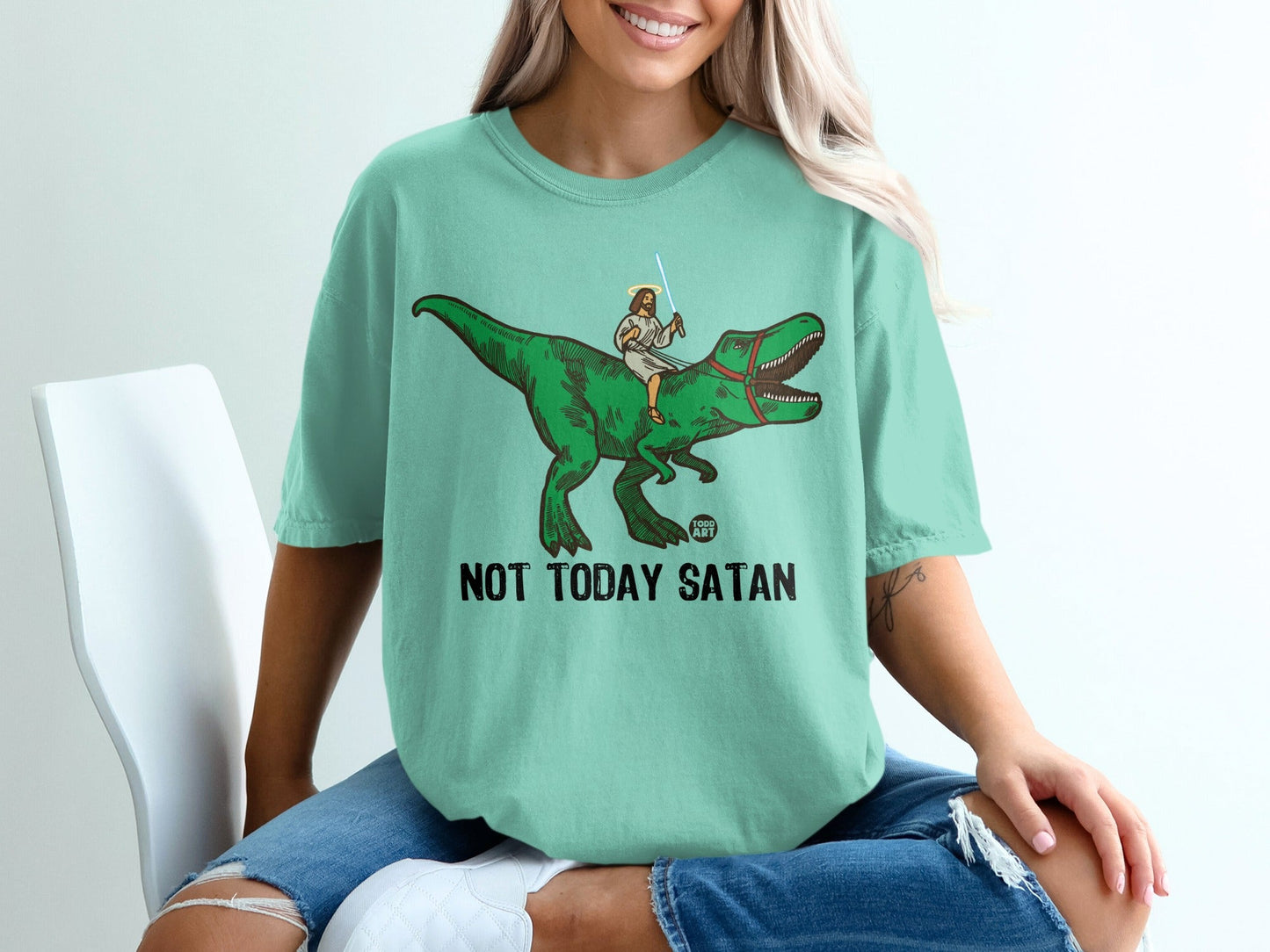 Jesus riding a dinosaur, text reads "NOT TODAY SATAN".