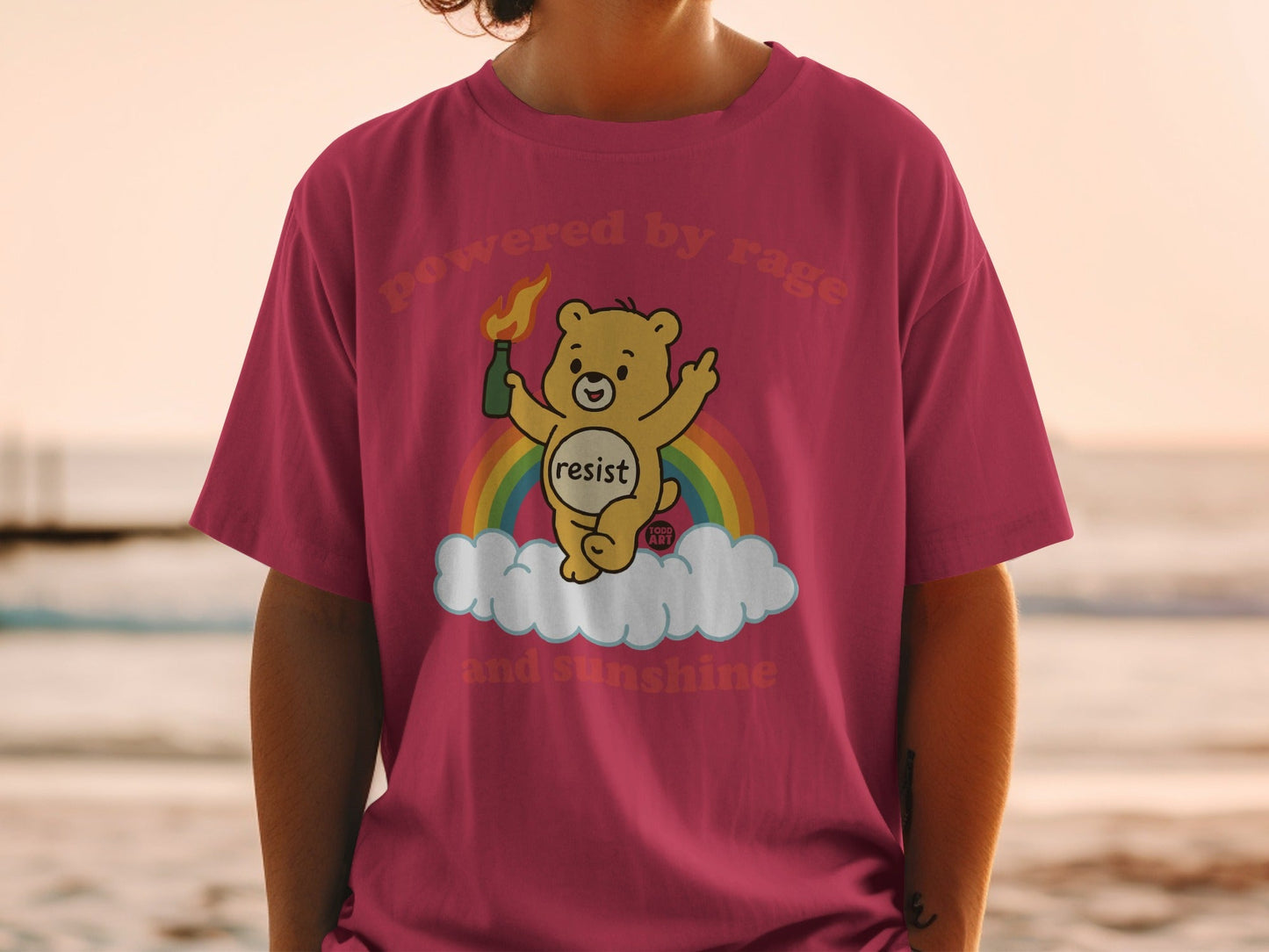 Powered By Rage and Sunshine Bear design t-shirt