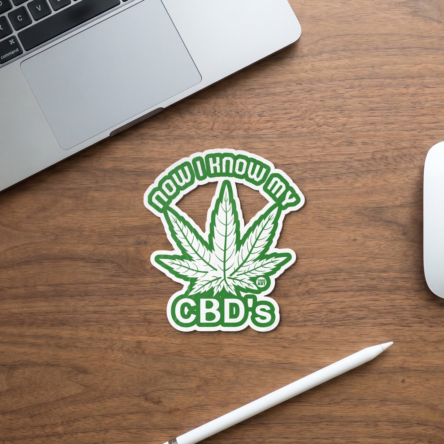 Green cannabis leaf sticker with text "Now I Know My CBD's".