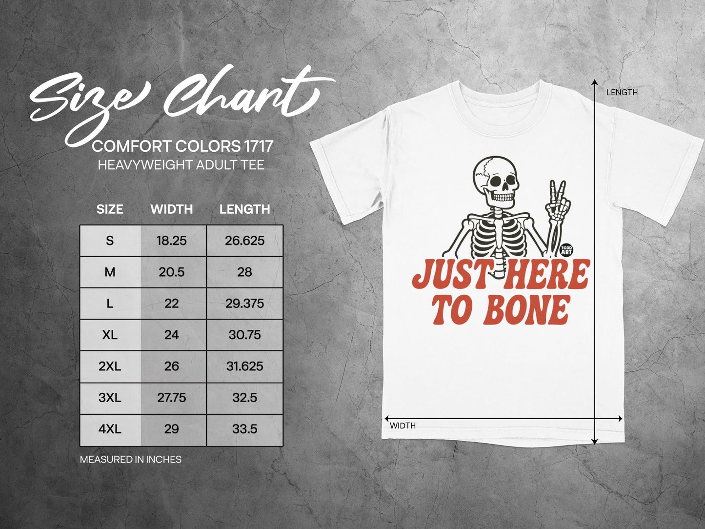 Size chart for Comfort Colors 1717 heavyweight adult tee with graphic.