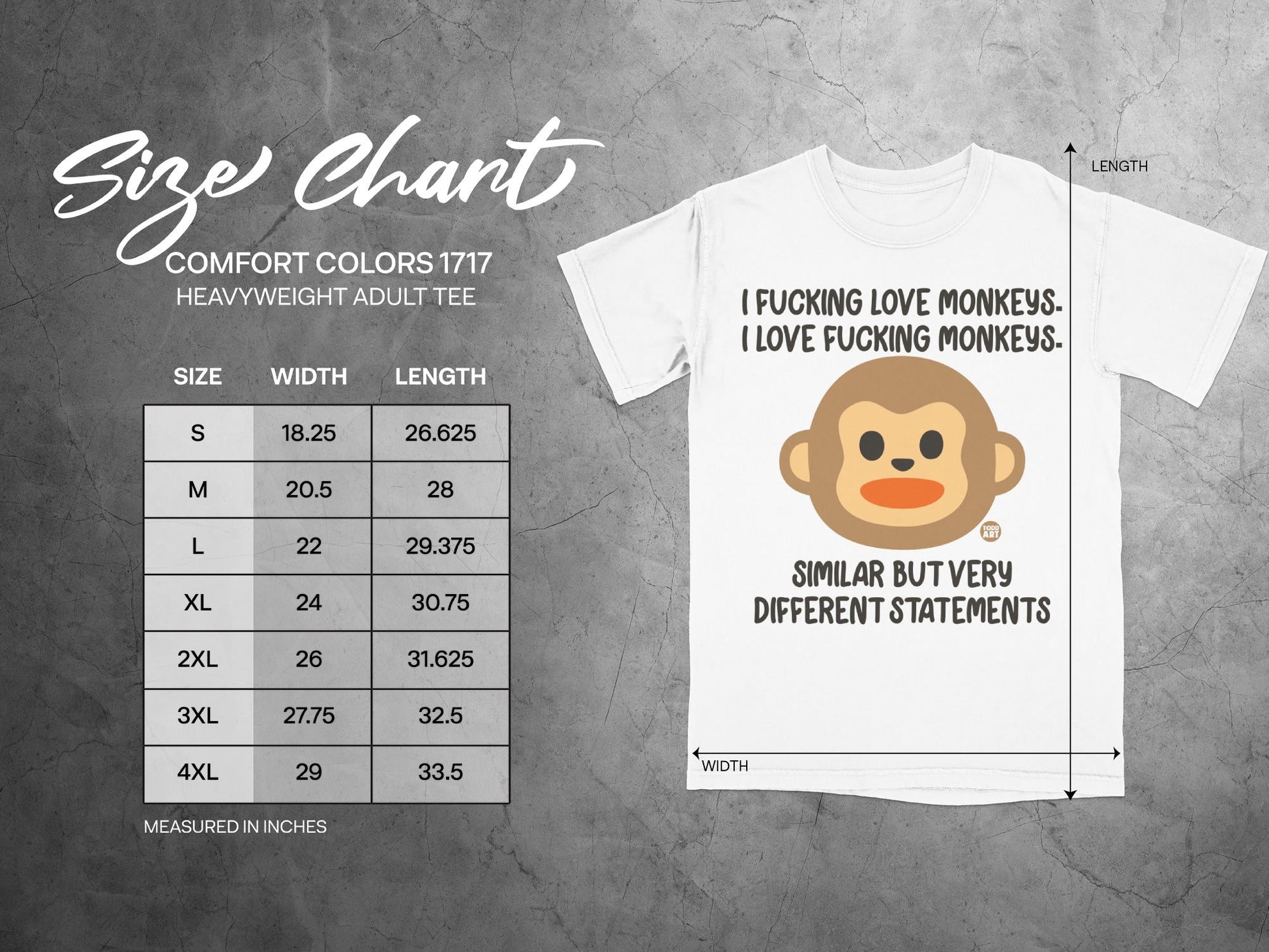 Size chart for Comfort Colors 1717 heavyweight adult tee with monkey graphic.
