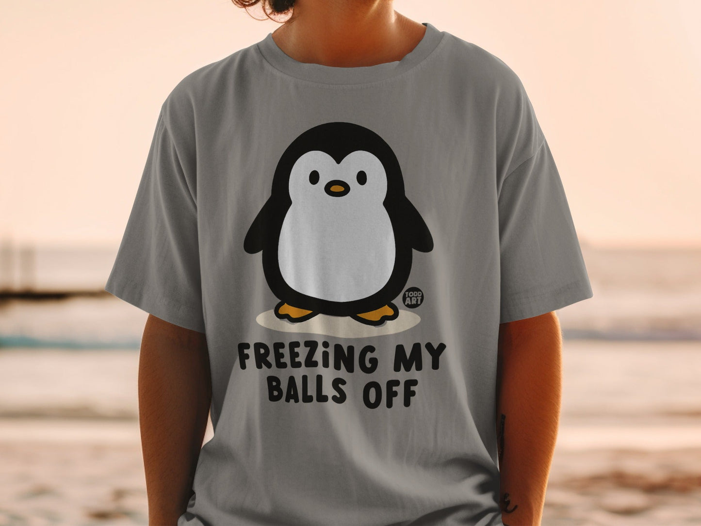 Gray t-shirt featuring a penguin illustration and "FREEZING MY BALLS OFF" text.