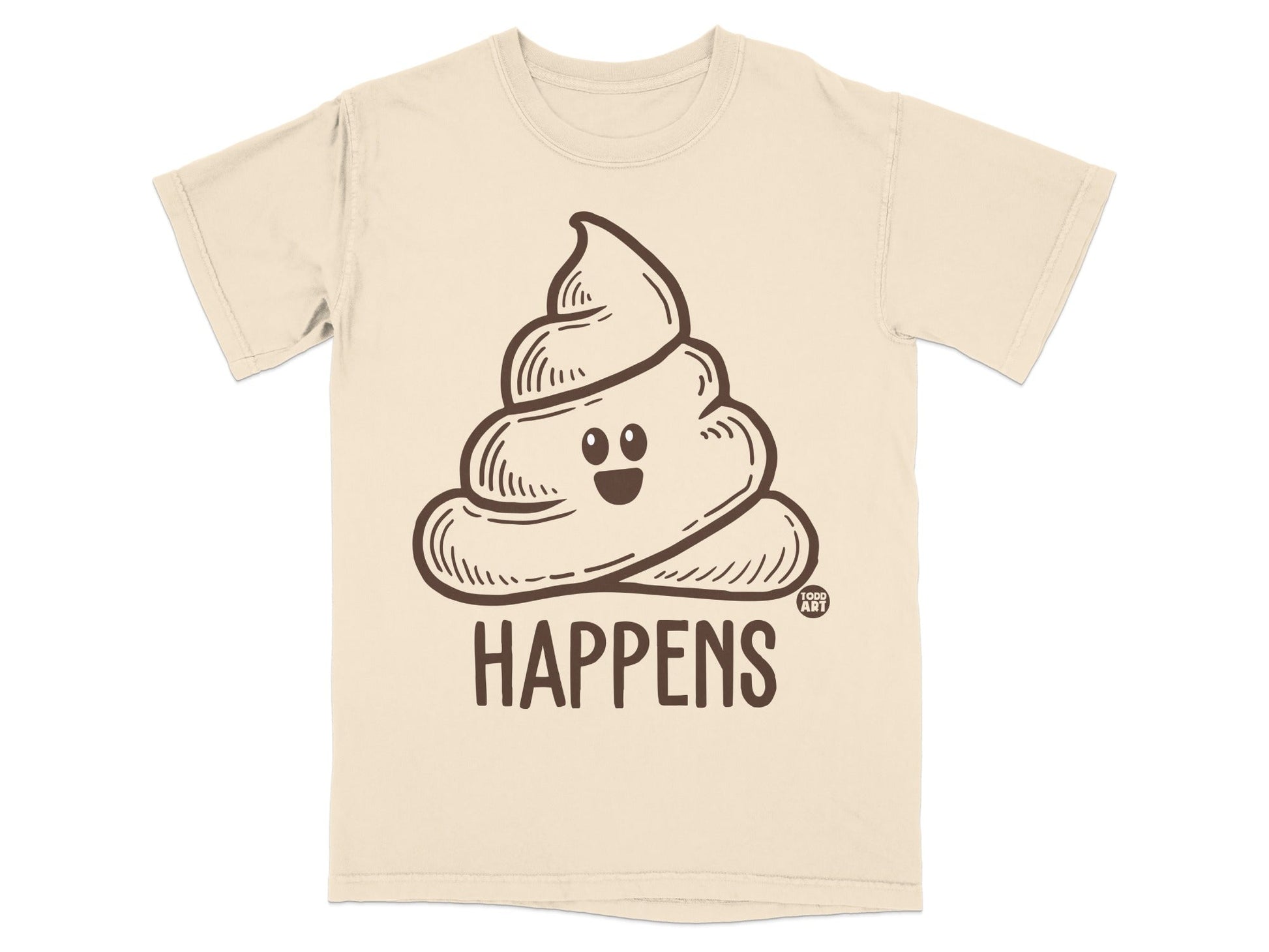 Cartoon poop emoji with "HAPPENS" text on a cream t-shirt.
