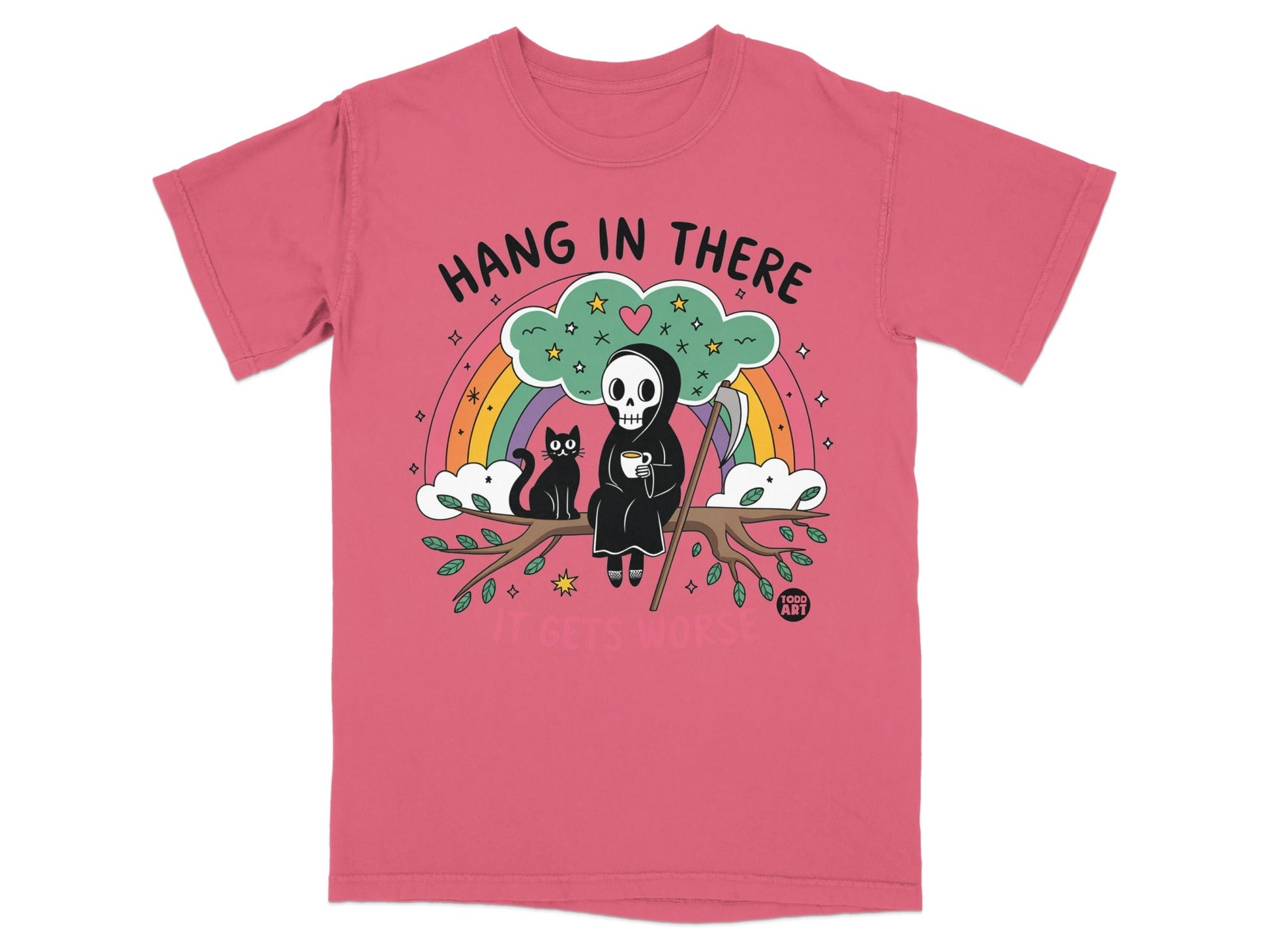 Grim reaper with a cat and coffee on a rainbow branch, "Hang in There" text.