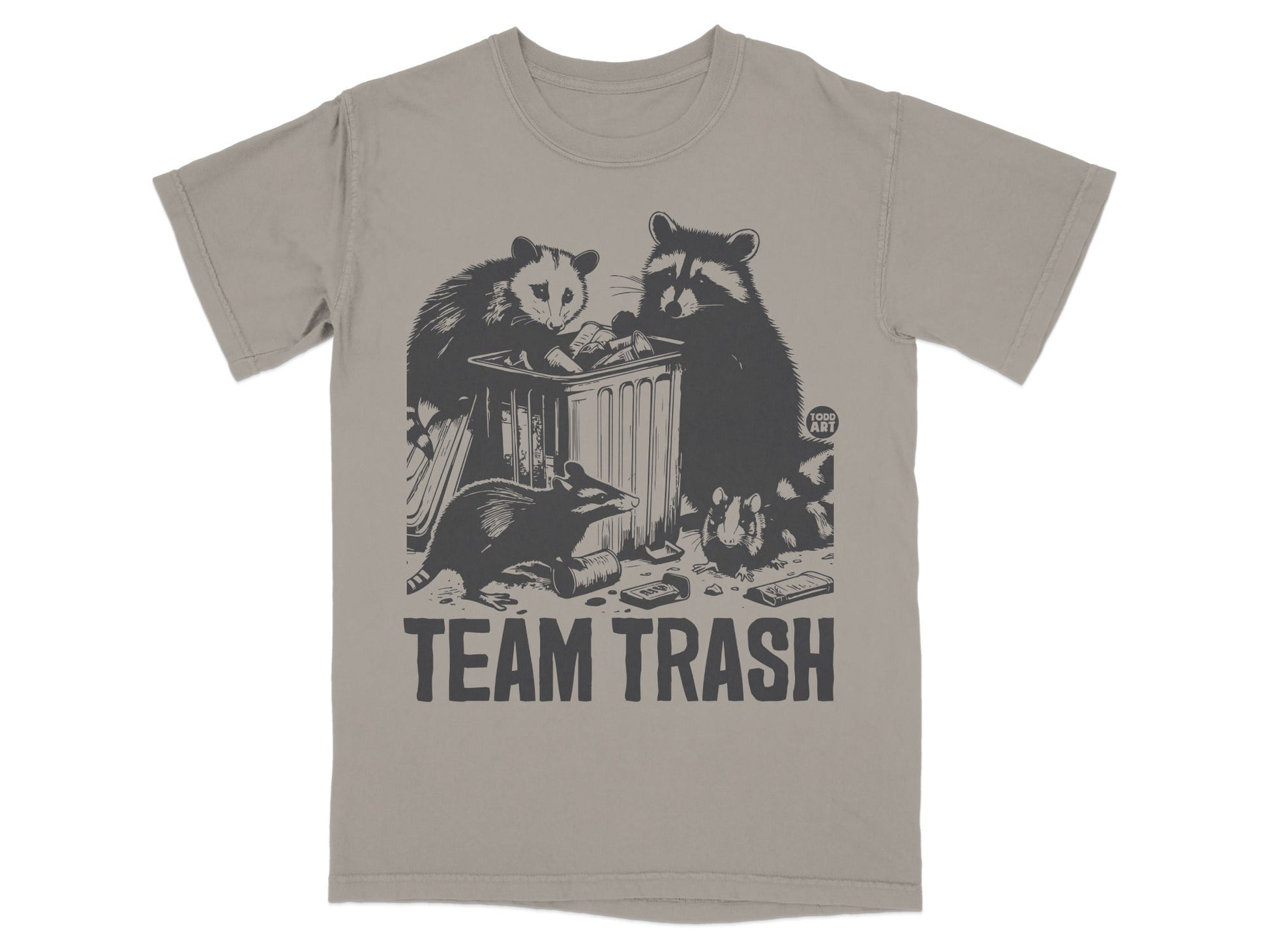 Team Trash graphic with raccoons and opossum at a trash can.