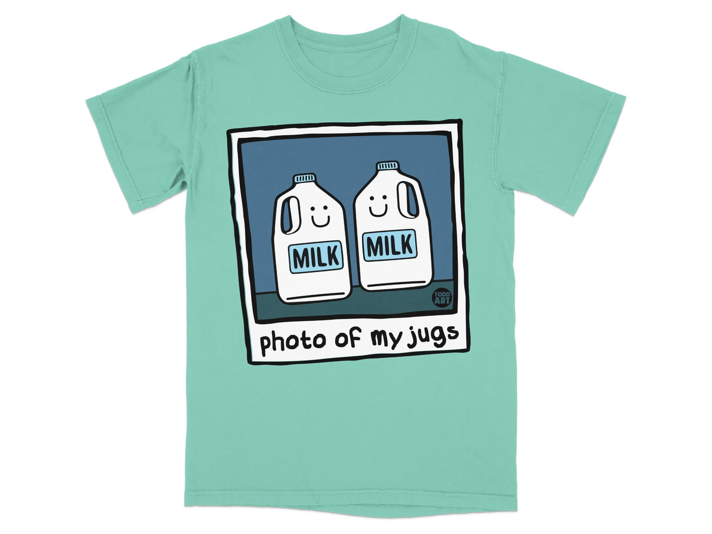 Two cartoon milk jugs with smiling faces, text "photo of my jugs".