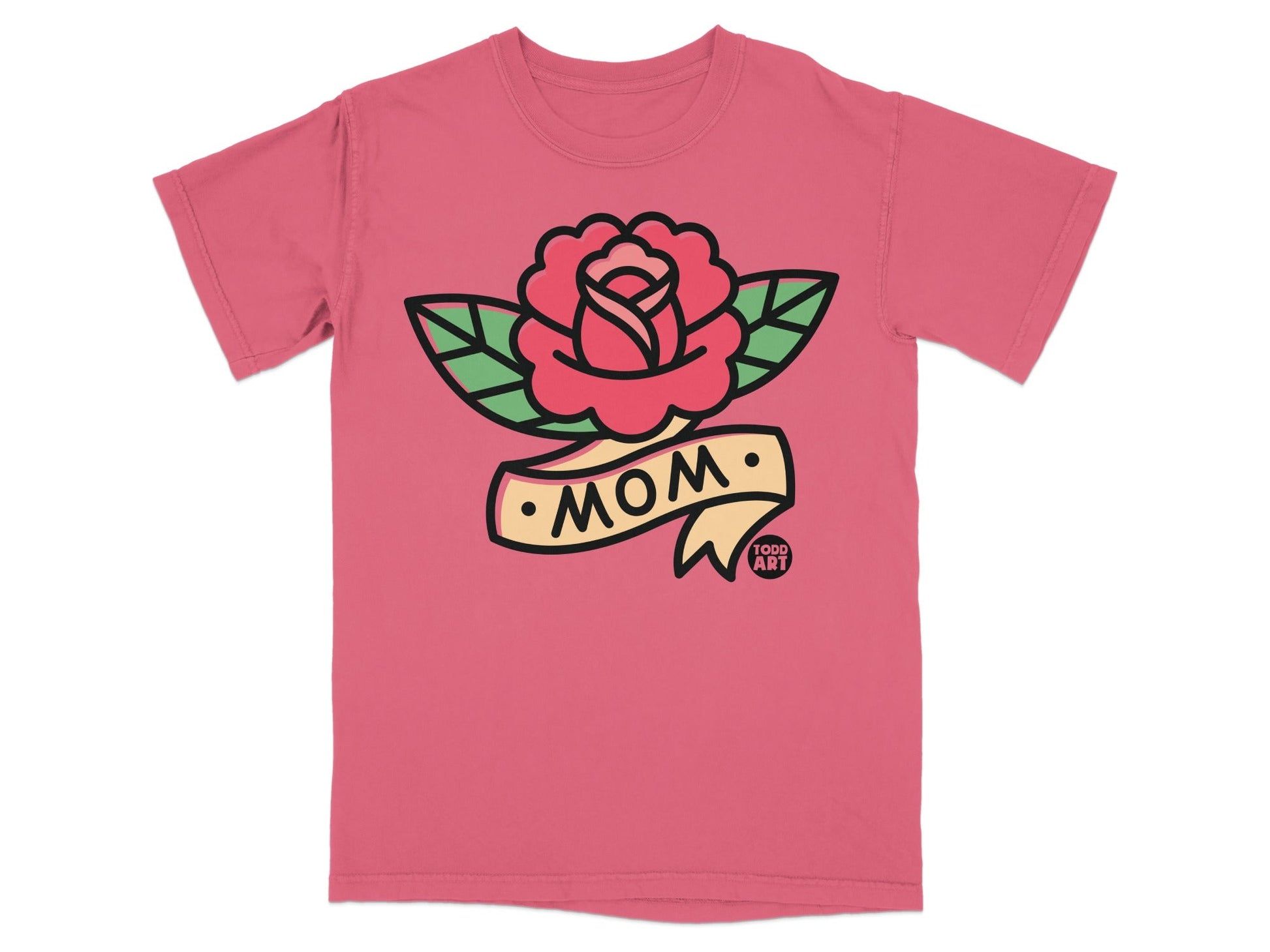 Pink t-shirt with a red rose and "MOM" banner.